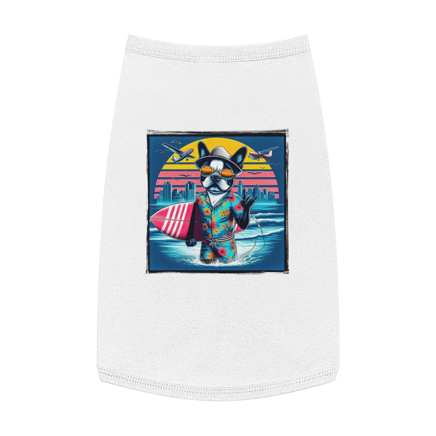 Pet Tank Top Boston Terrier Surfer Dog At Beach Pets Printify L White