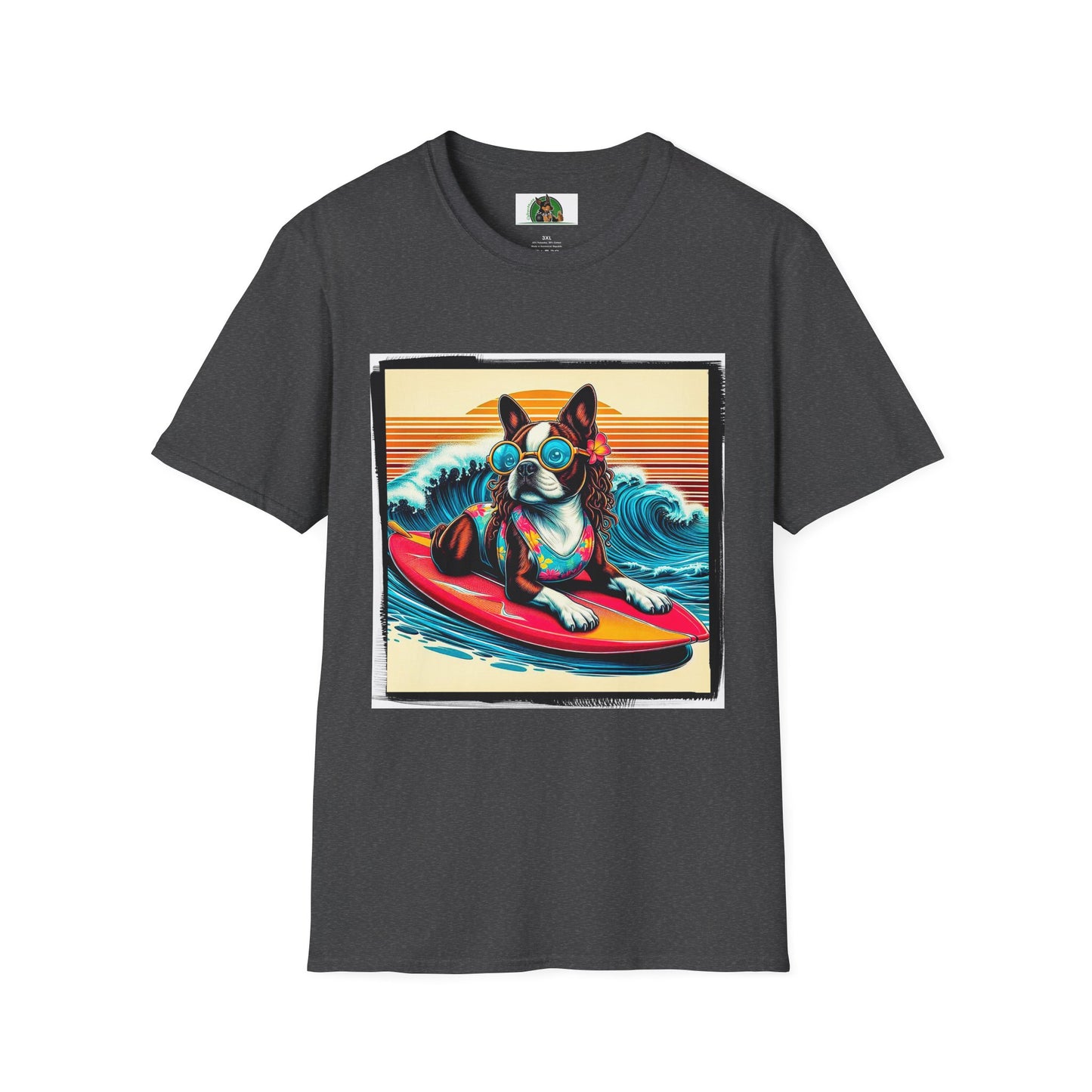 Boston Terrier Surfer Dog T-Shirt Printify XS Dark Heather