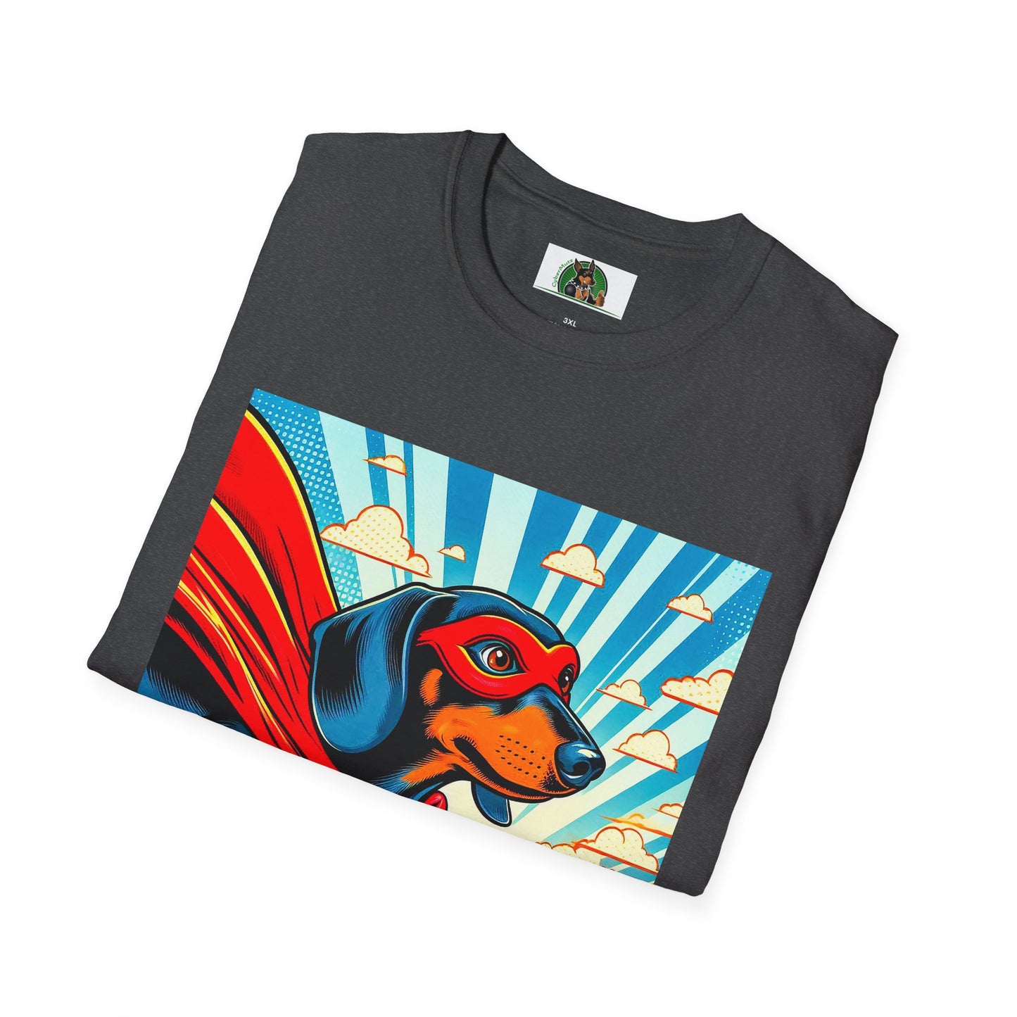 Dachshund flying superhero t shirt T-Shirt Printify