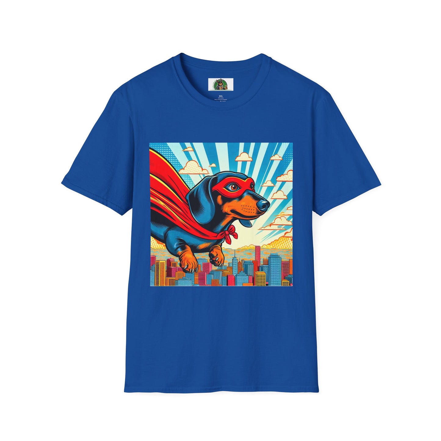 Dachshund flying superhero t shirt T-Shirt Printify Royal S