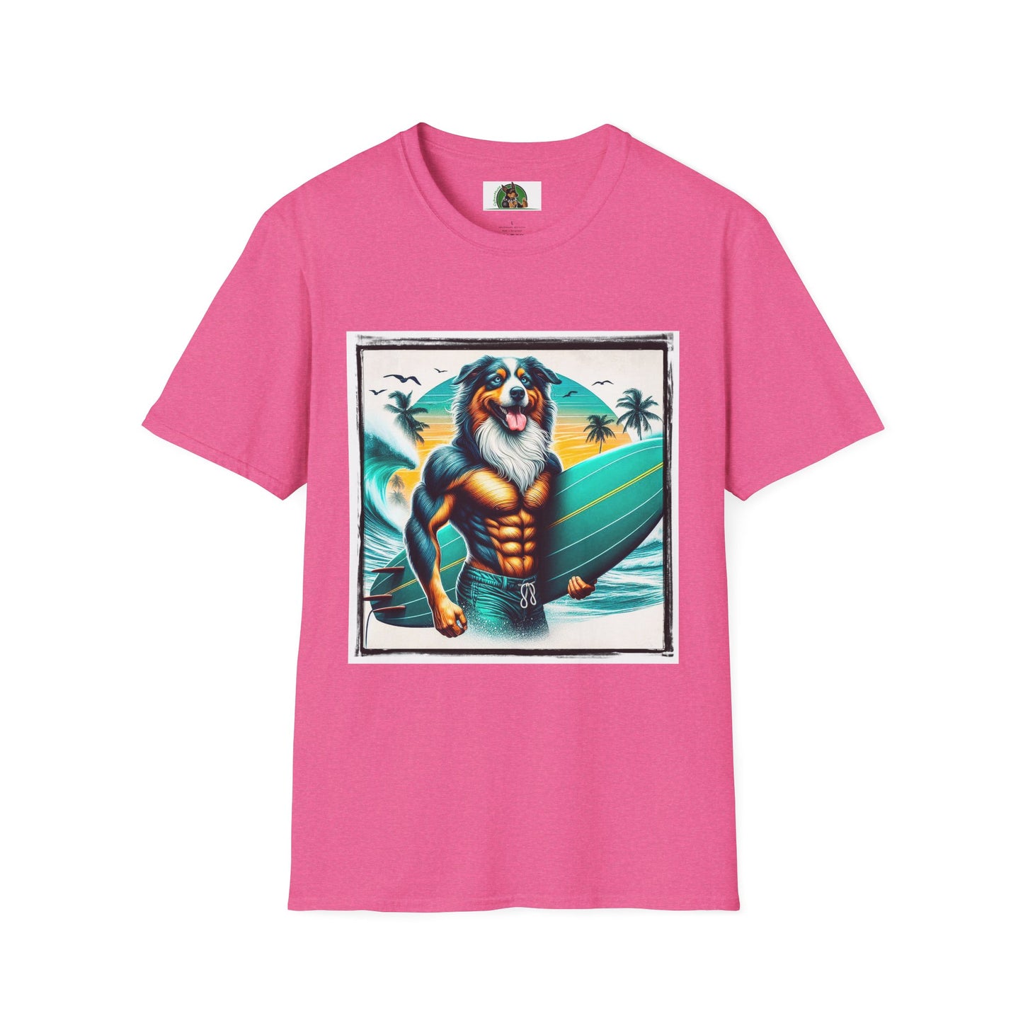 Australian Shepherd Turquoise Surf Board Beach Dog T-Shirt Printify S Heather Heliconia