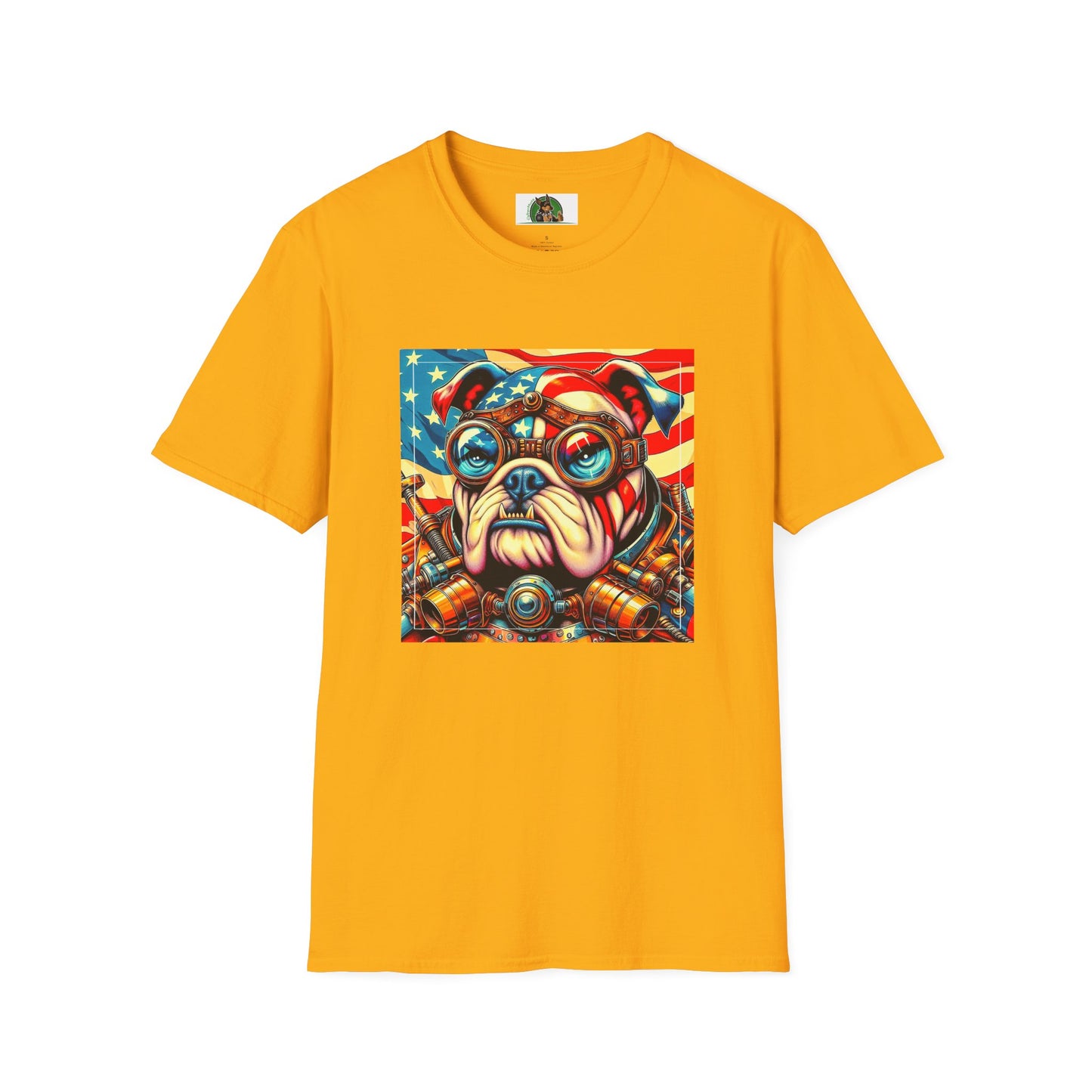 Bulldog Steampunk American Flag T-Shirt Printify S Gold