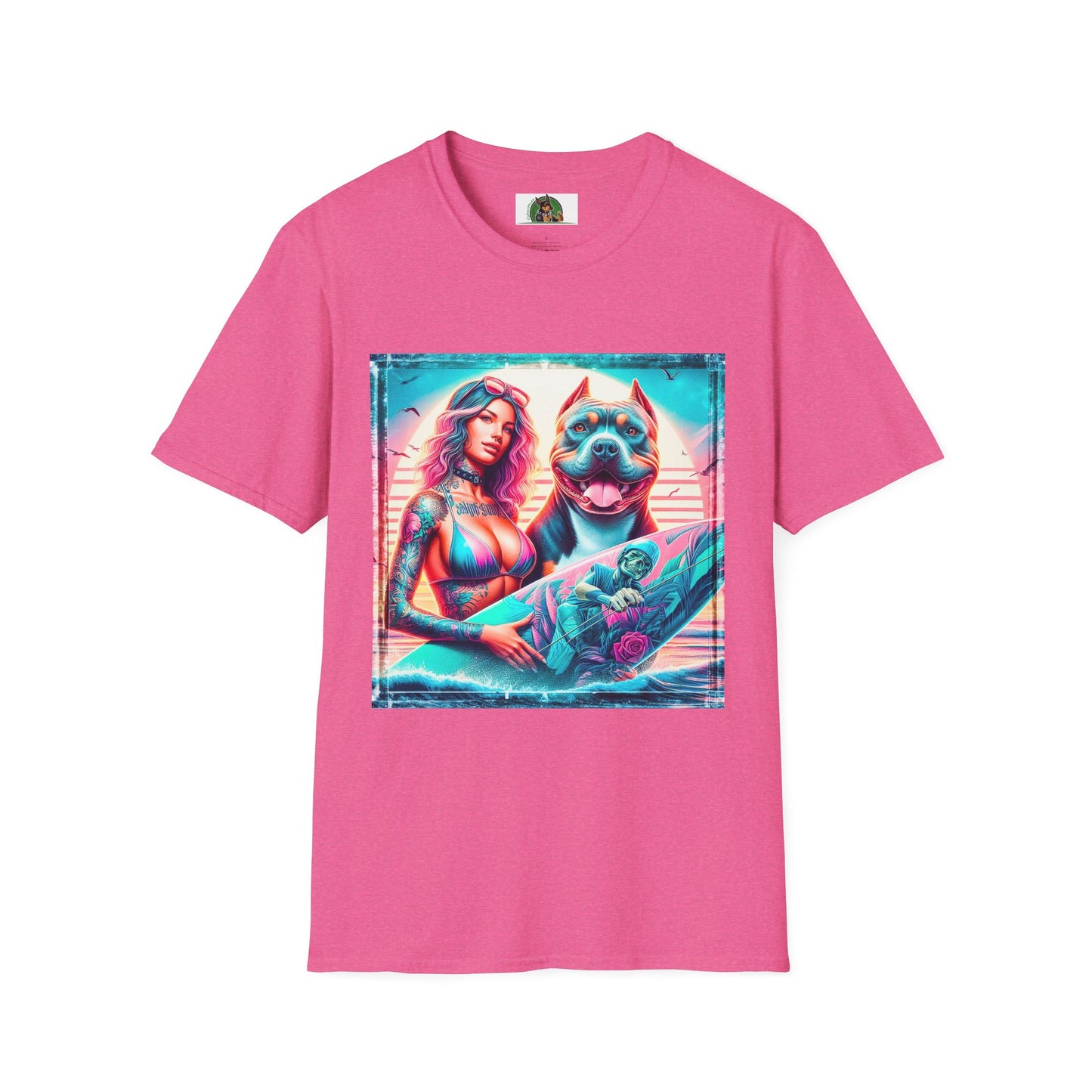 Pit Bull surfer and girl T-Shirt Printify S Heather Heliconia