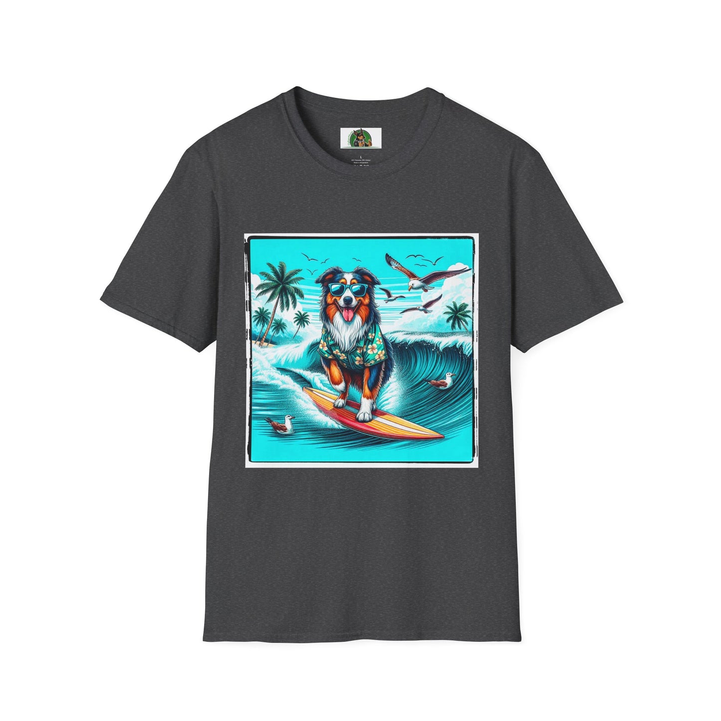 Australian Shepherd Wearing Hawaiian Shirt Surfer Dog T-Shirt Printify XS Dark Heather