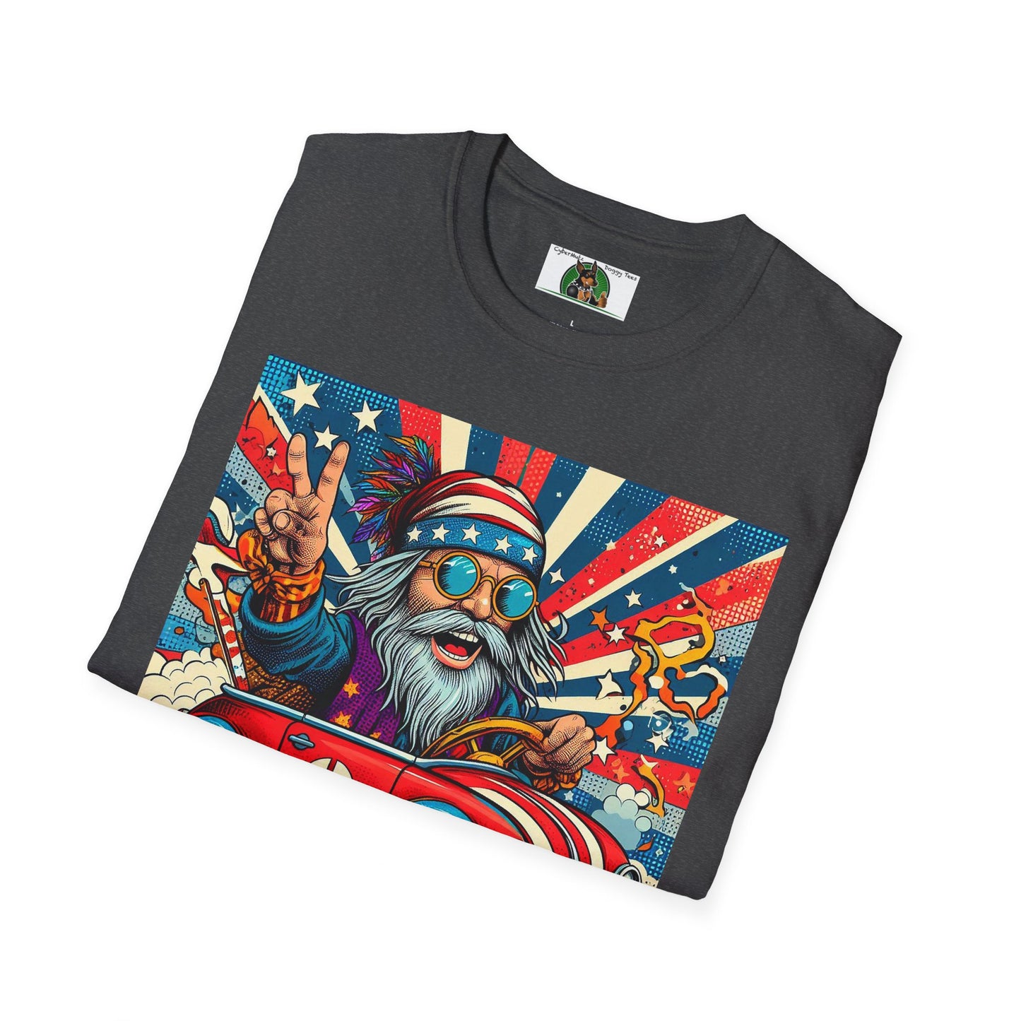 Wacky Old Hippie Dude in a Little Car T-Shirt Printify