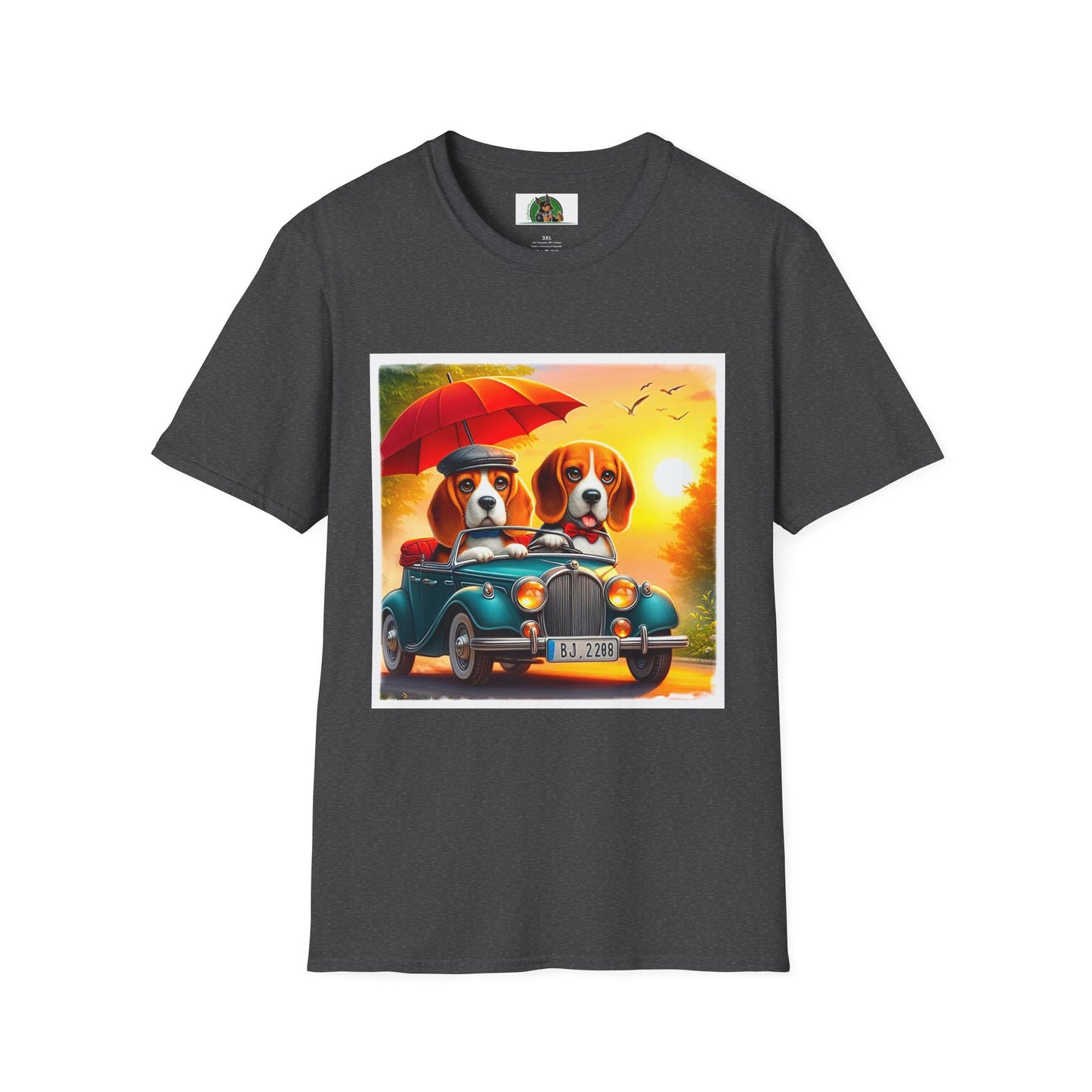 Wacky Beagle Couple In Tiny Car T-Shirt Printify XS Dark Heather