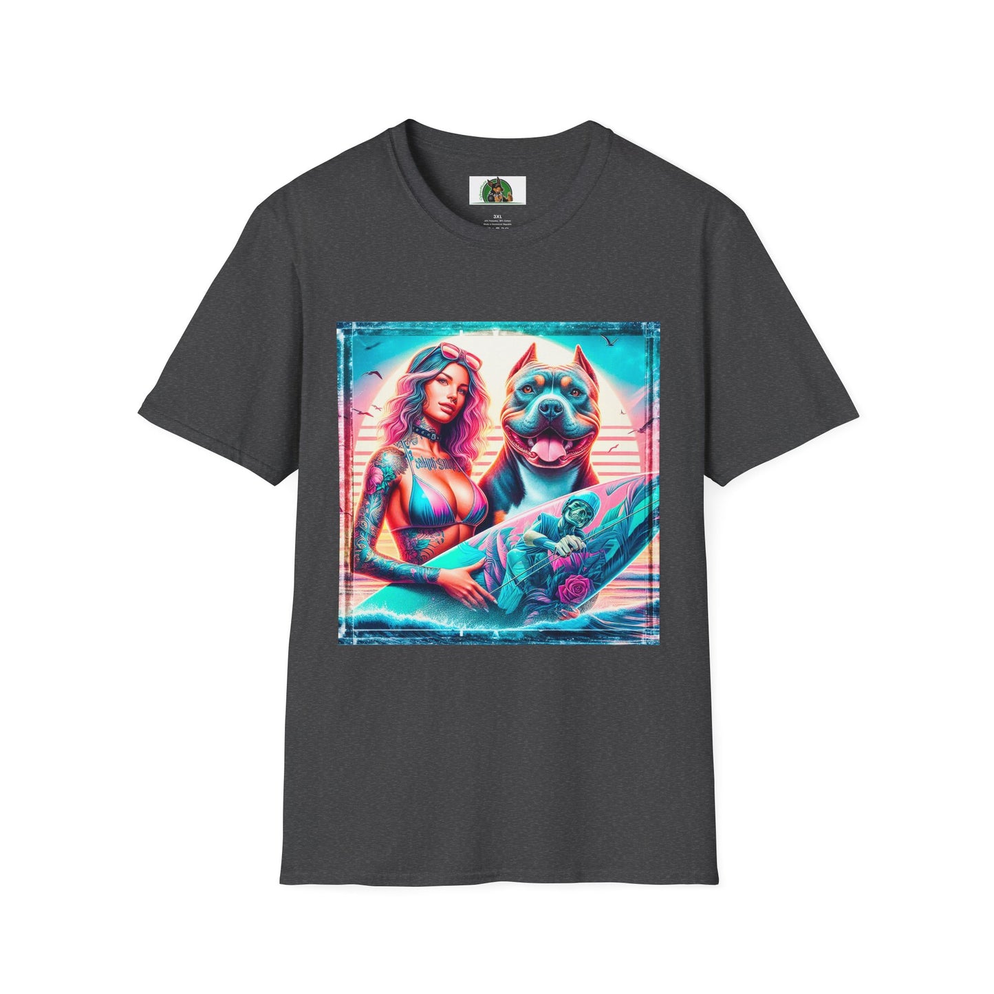 Pit Bull surfer and girl T-Shirt Printify XS Dark Heather