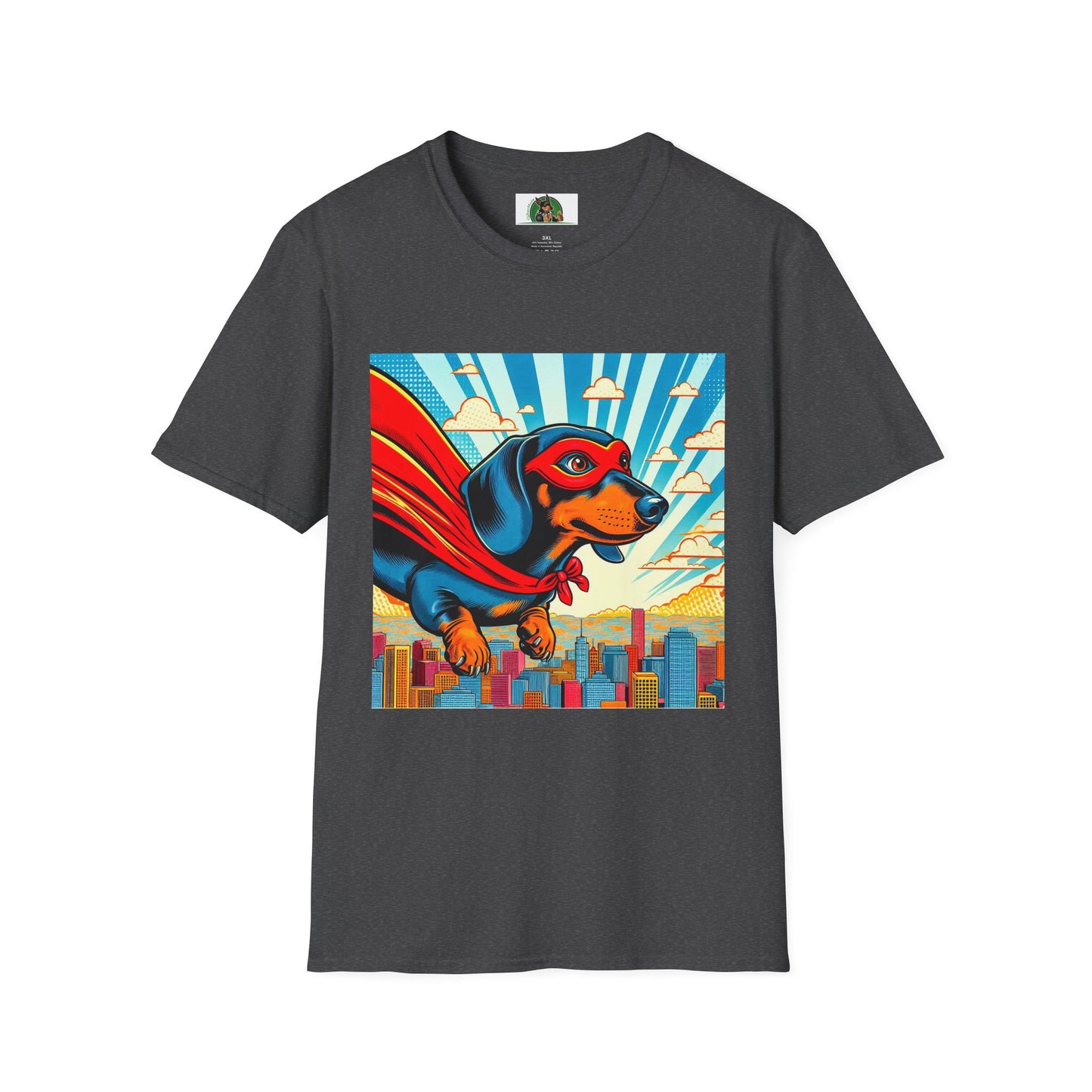 Dachshund flying superhero t shirt T-Shirt Printify Dark Heather S