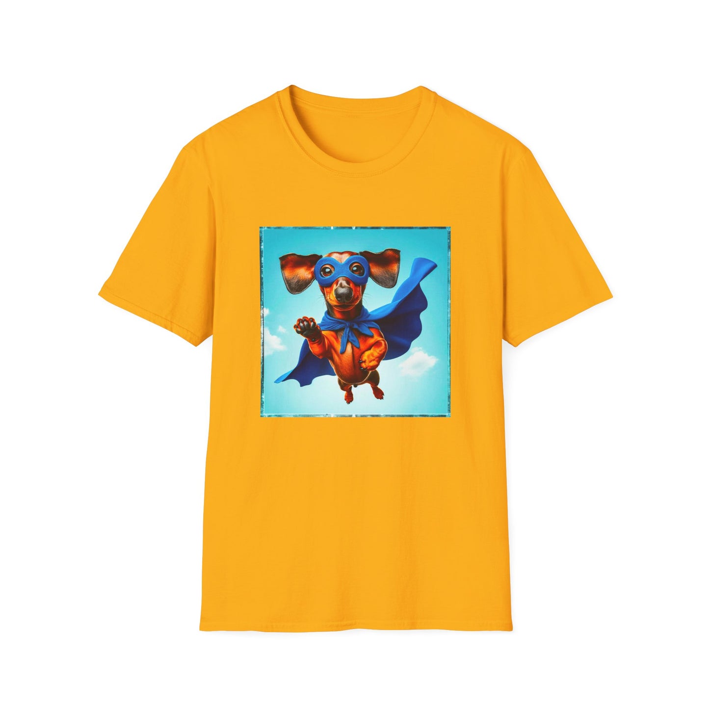 Dachshund flying superhero t shirt T-Shirt Printify S Gold