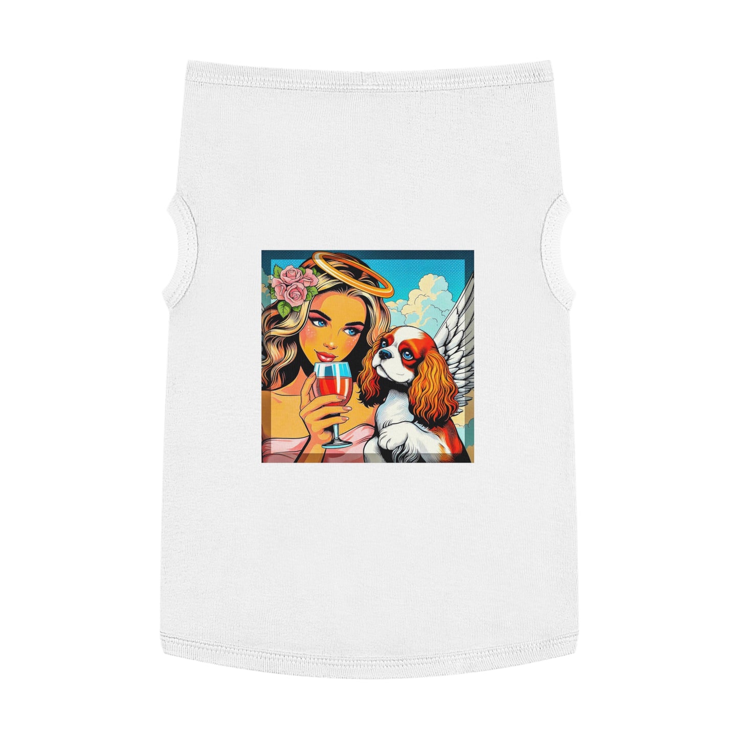 Pet Tank Top Cavalier King Charles Spaniel Angel sipping Wine T Shirt Pets Printify XL White