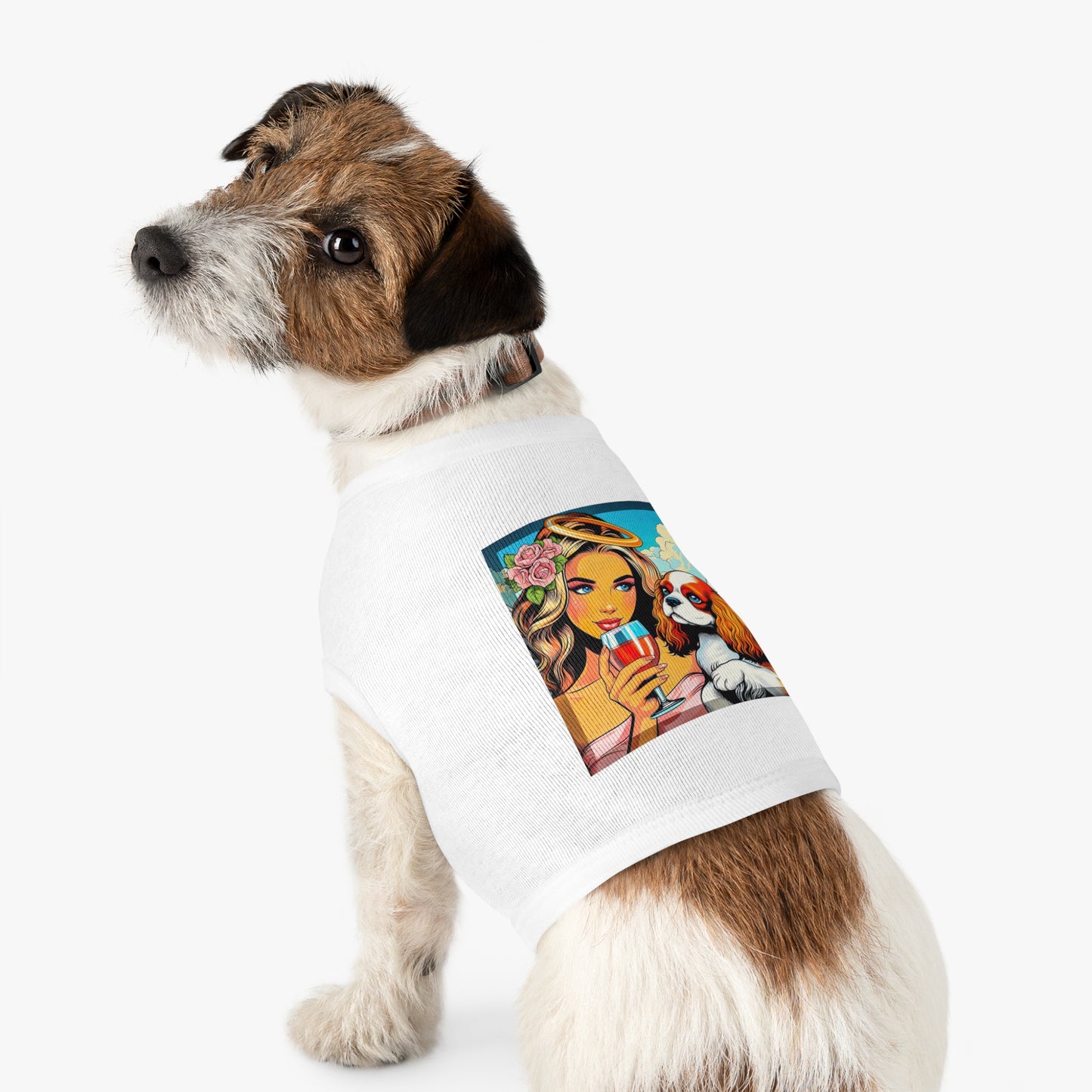 Pet Tank Top Cavalier King Charles Spaniel Angel sipping Wine T Shirt Pets Printify