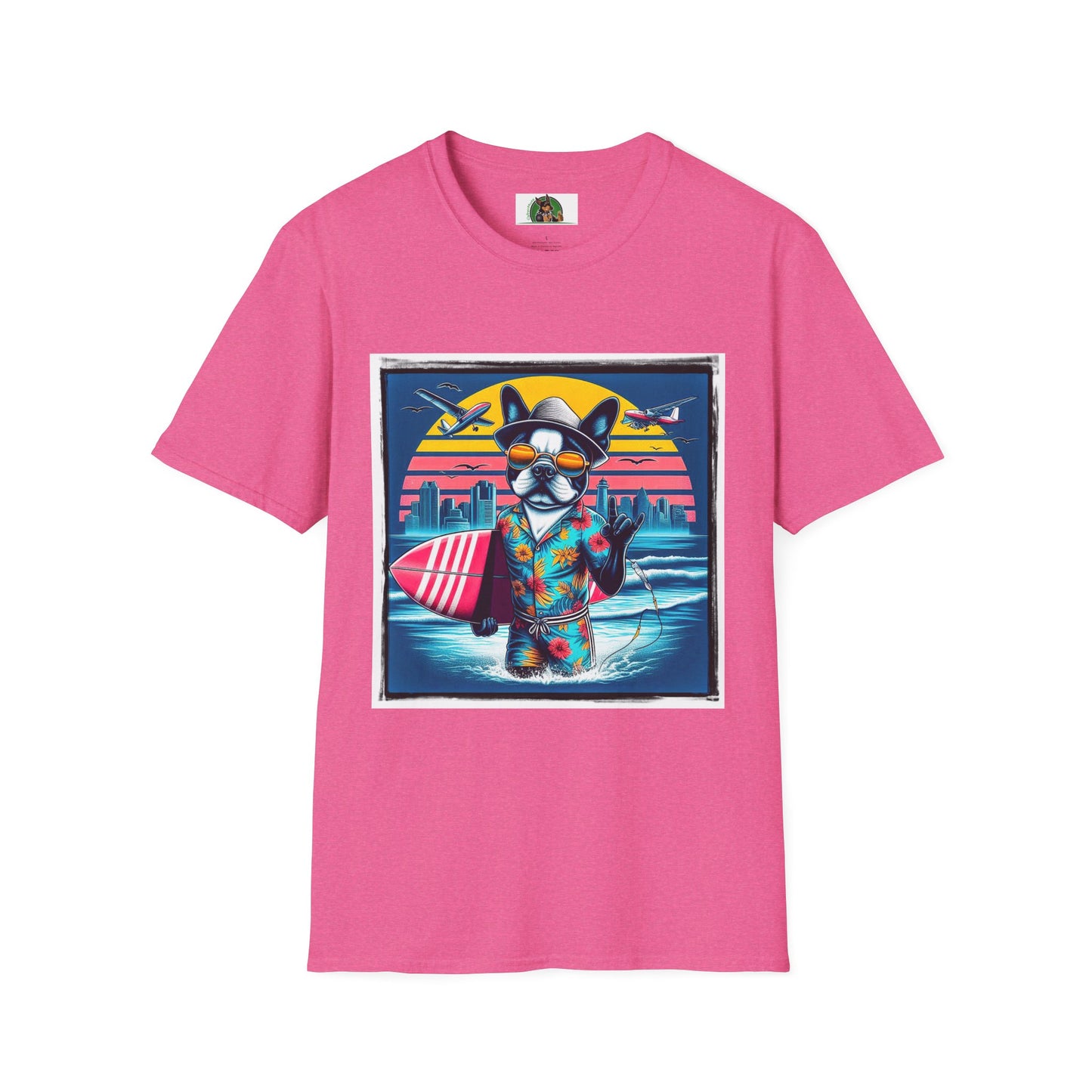 Boston Terrier Male Dog With Boogie Board T-Shirt Printify S Heather Heliconia