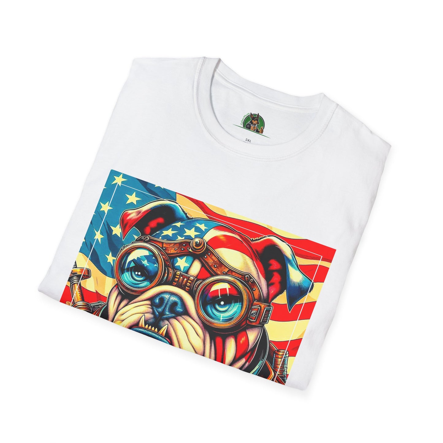 Bulldog Steampunk American Flag T-Shirt Printify