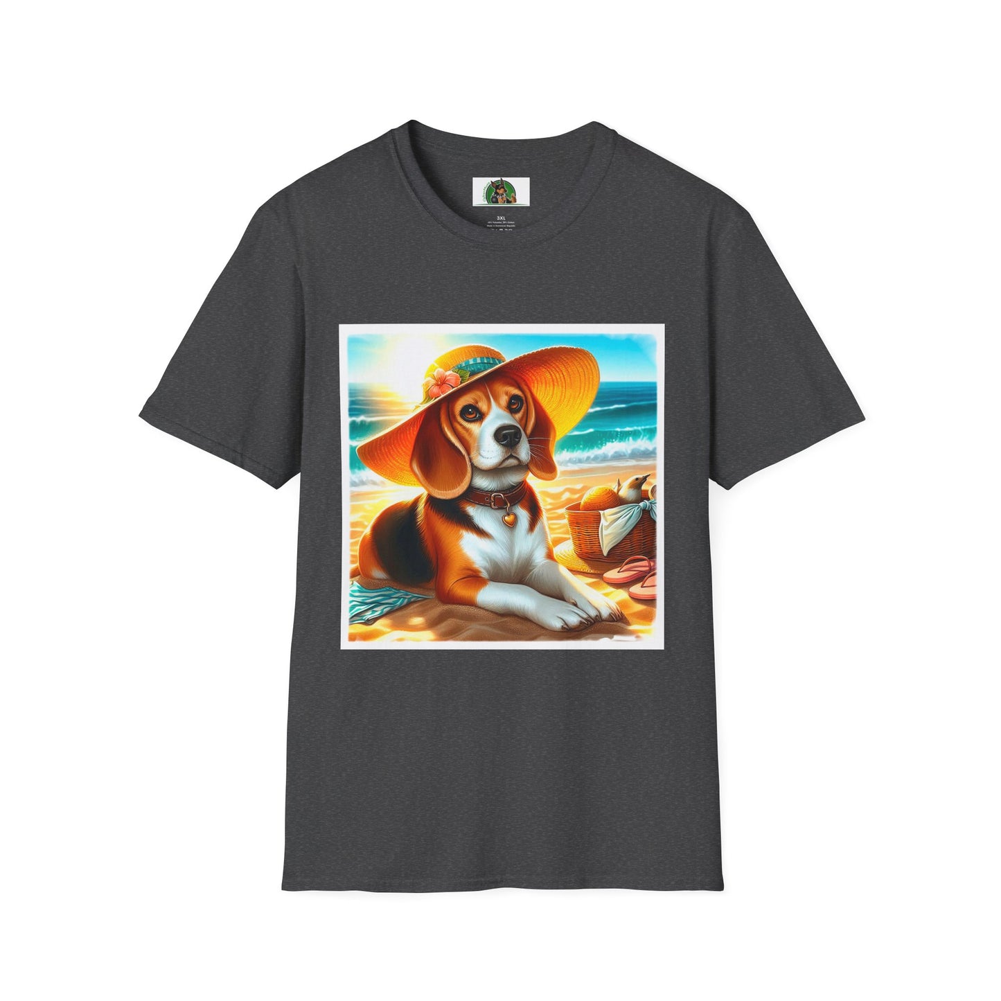 Beagle Girl Dog Wearing Sun Hat At Beach T-Shirt Printify XS Dark Heather