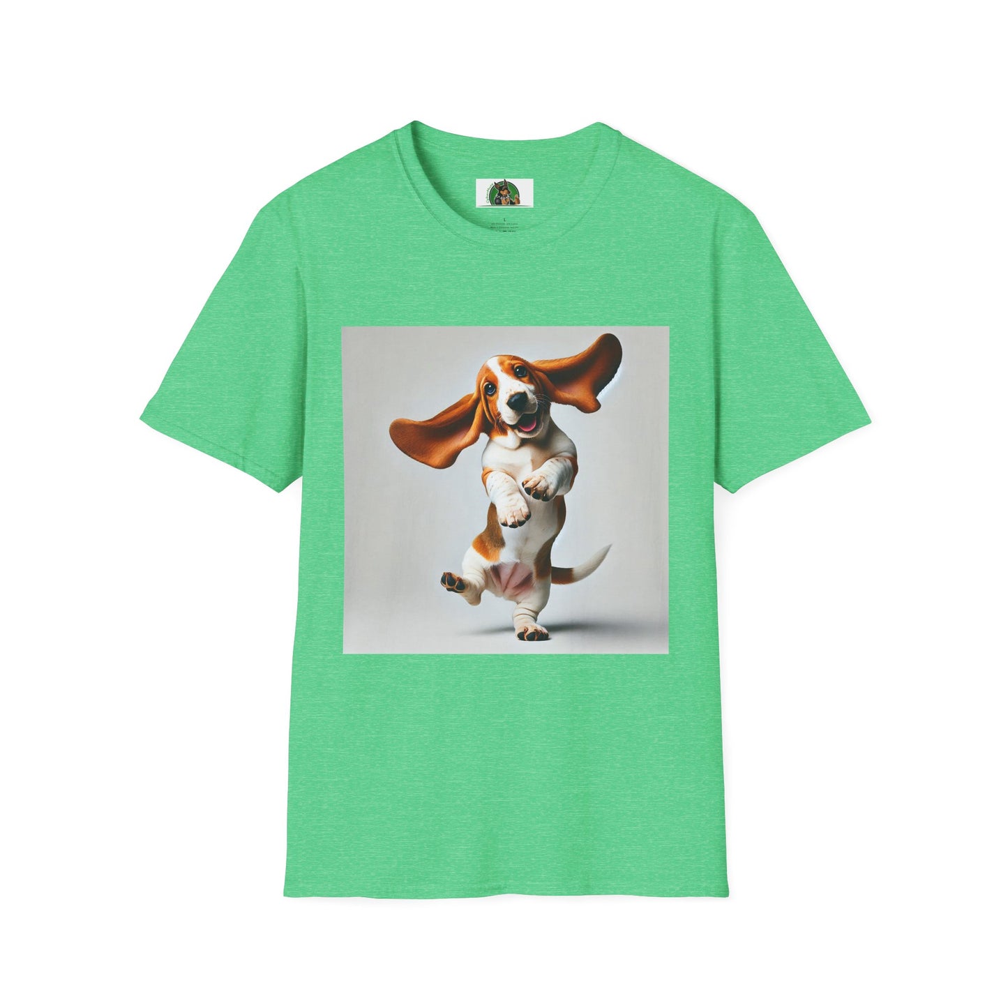 Bassett Hound T-Shirt - Dancing Dog Design T-Shirt Printify S Heather Irish Green