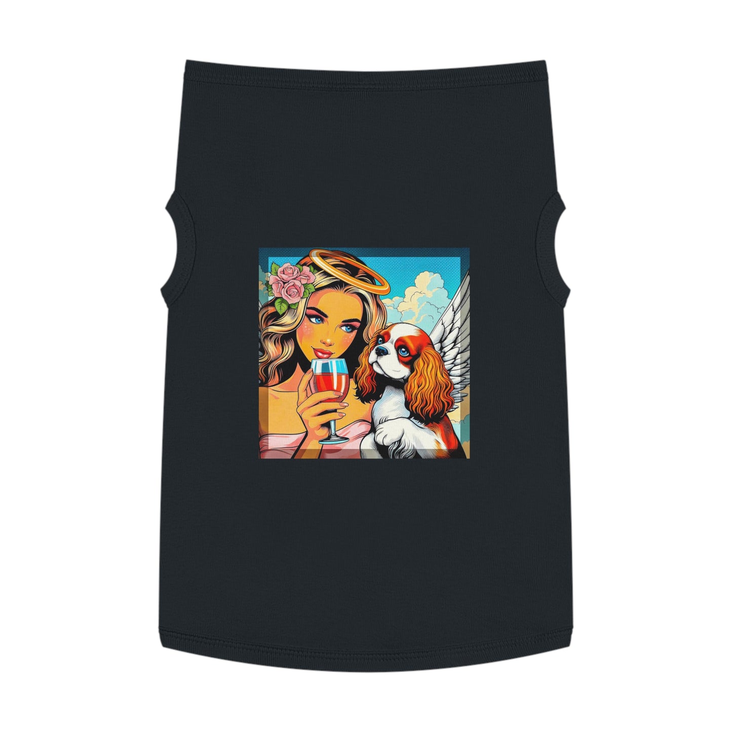 Pet Tank Top Cavalier King Charles Spaniel Angel sipping Wine T Shirt Pets Printify