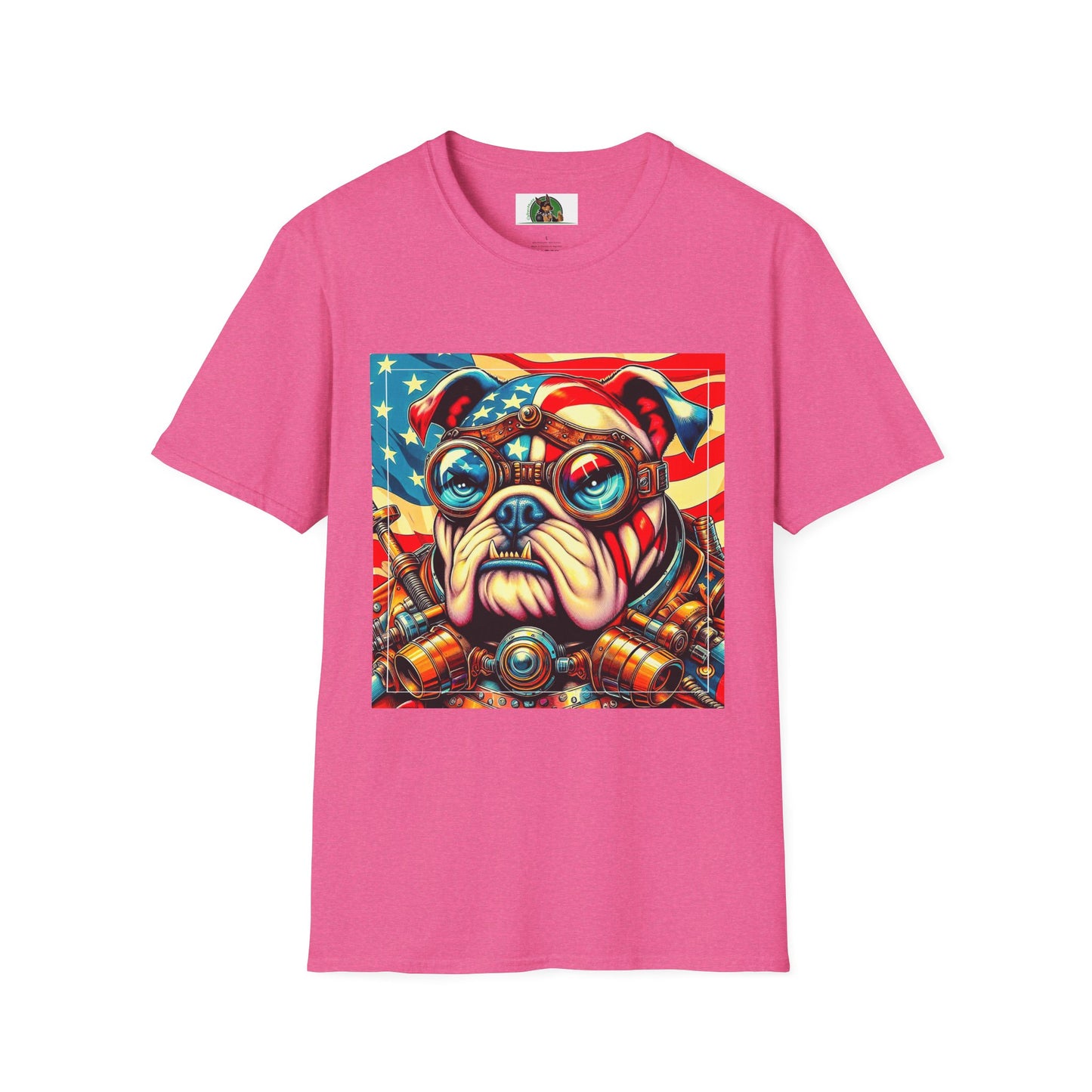 Bulldog Steampunk American Flag T-Shirt Printify S Heather Heliconia