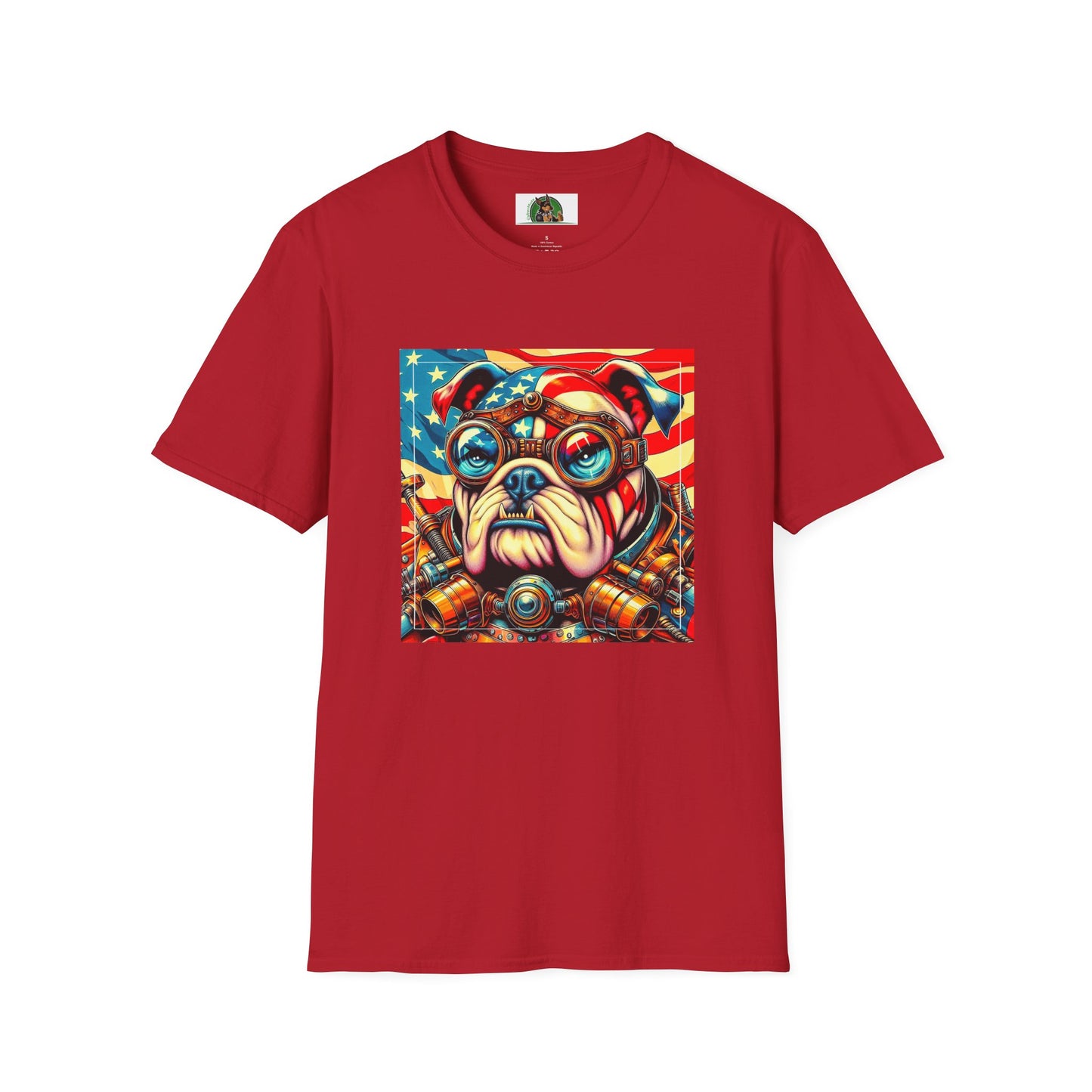 Bulldog Steampunk American Flag T-Shirt Printify S Cherry Red
