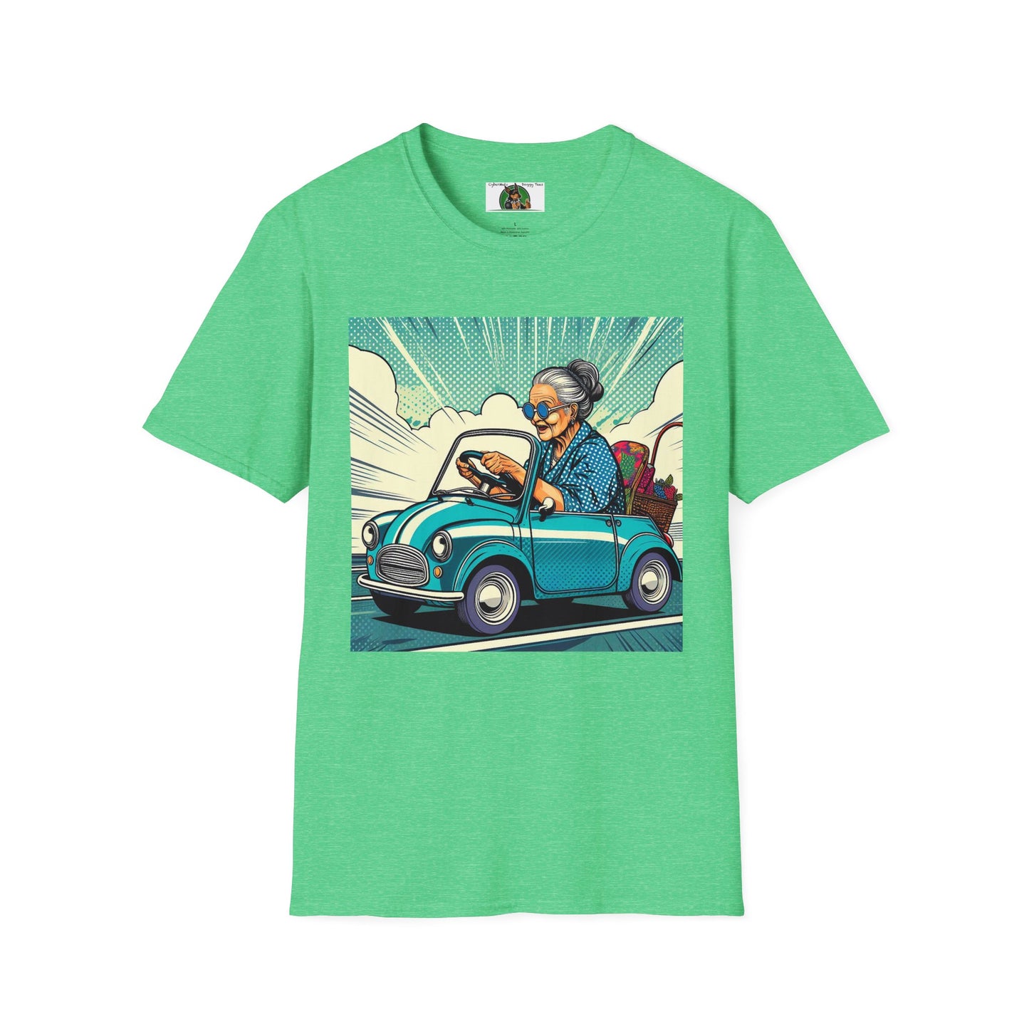Old Lady in a Wacky Little Car T-Shirt Printify Heather Irish Green S