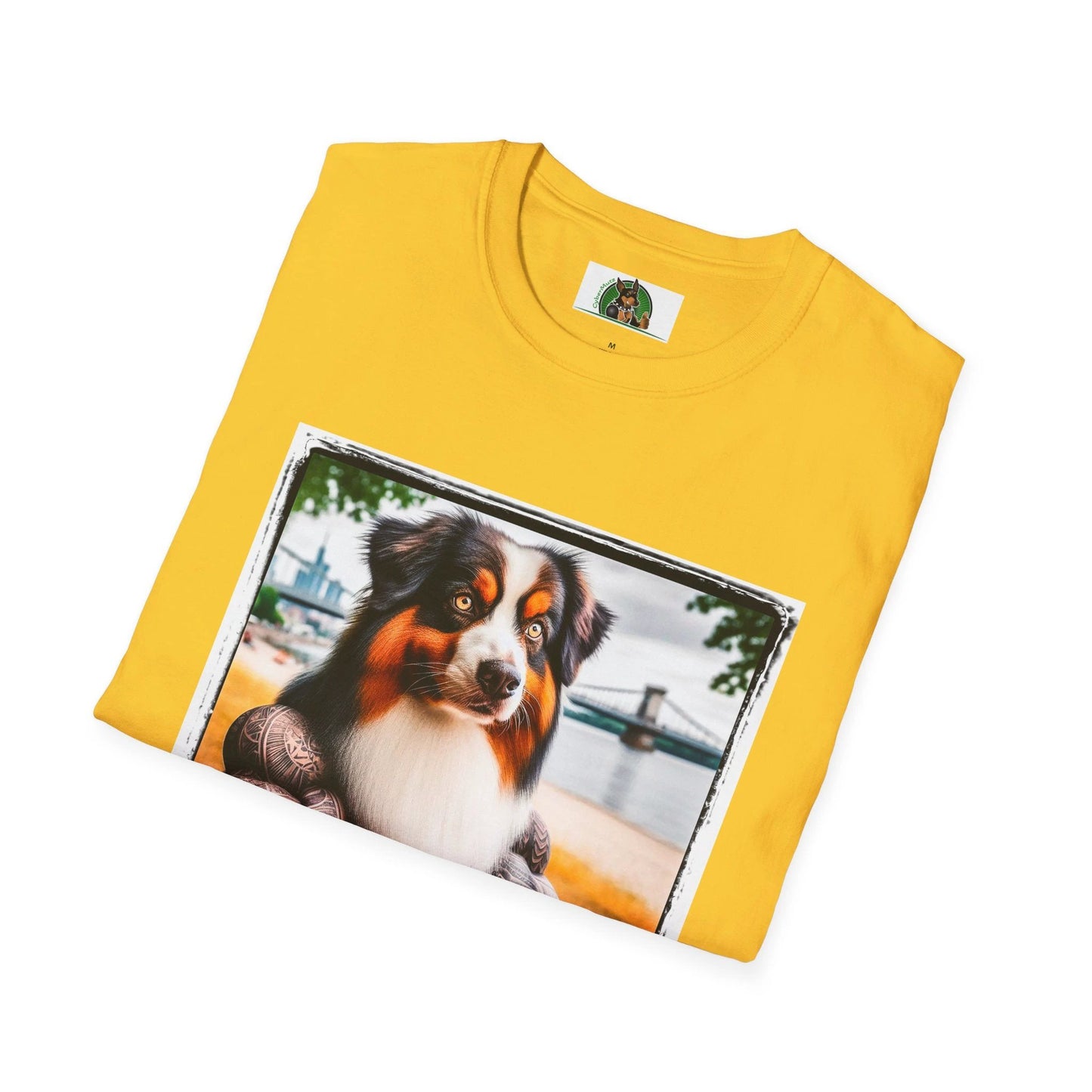 Tattooed And Buff Australian Shepherd Graphic Tee By CyberMutz For Dog Lovers Collection