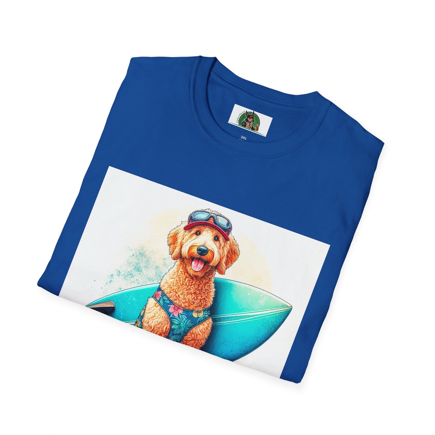 Golden Doodle surfer dude t shirt T-Shirt Printify