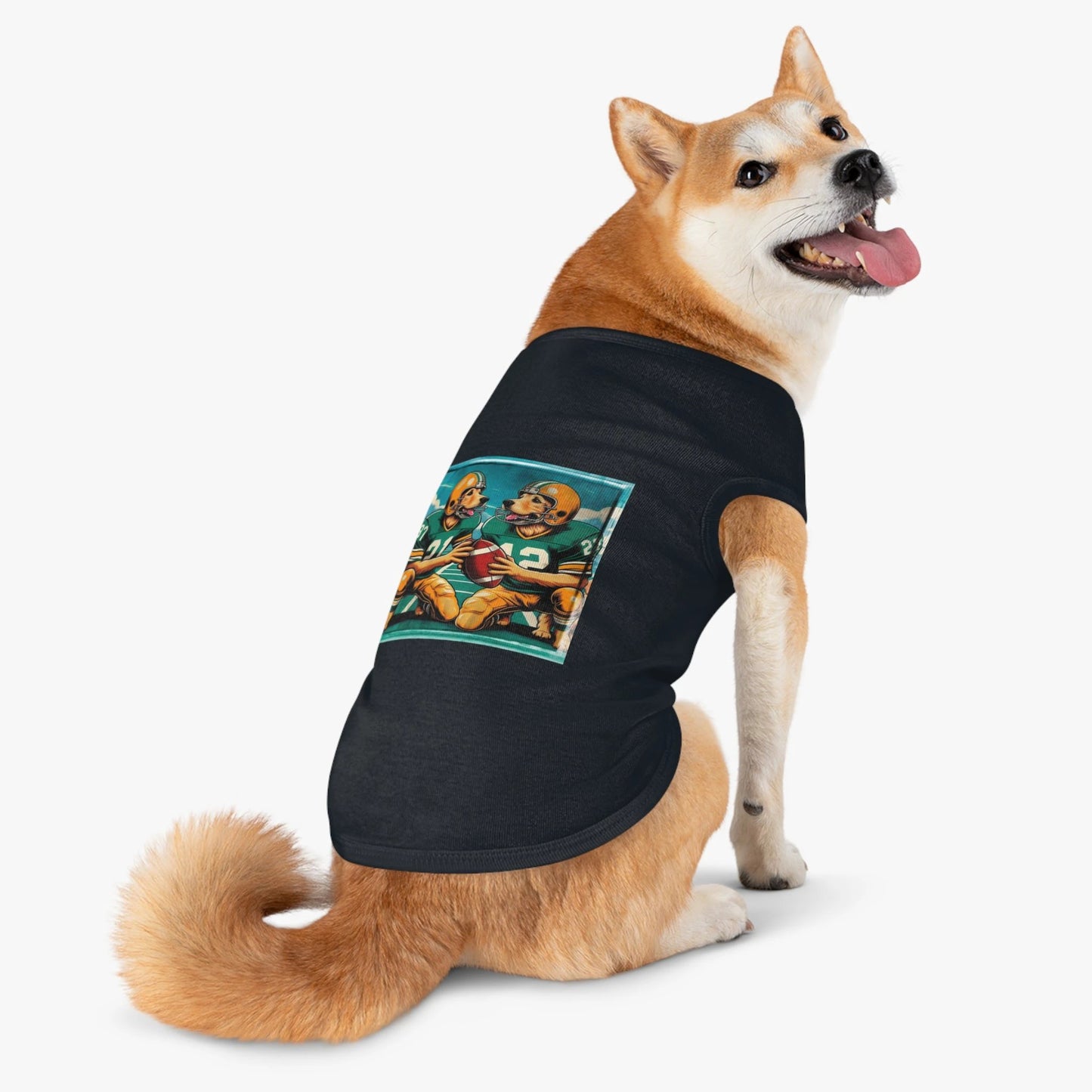 Golden Retriever pet tank top playing football by Printify