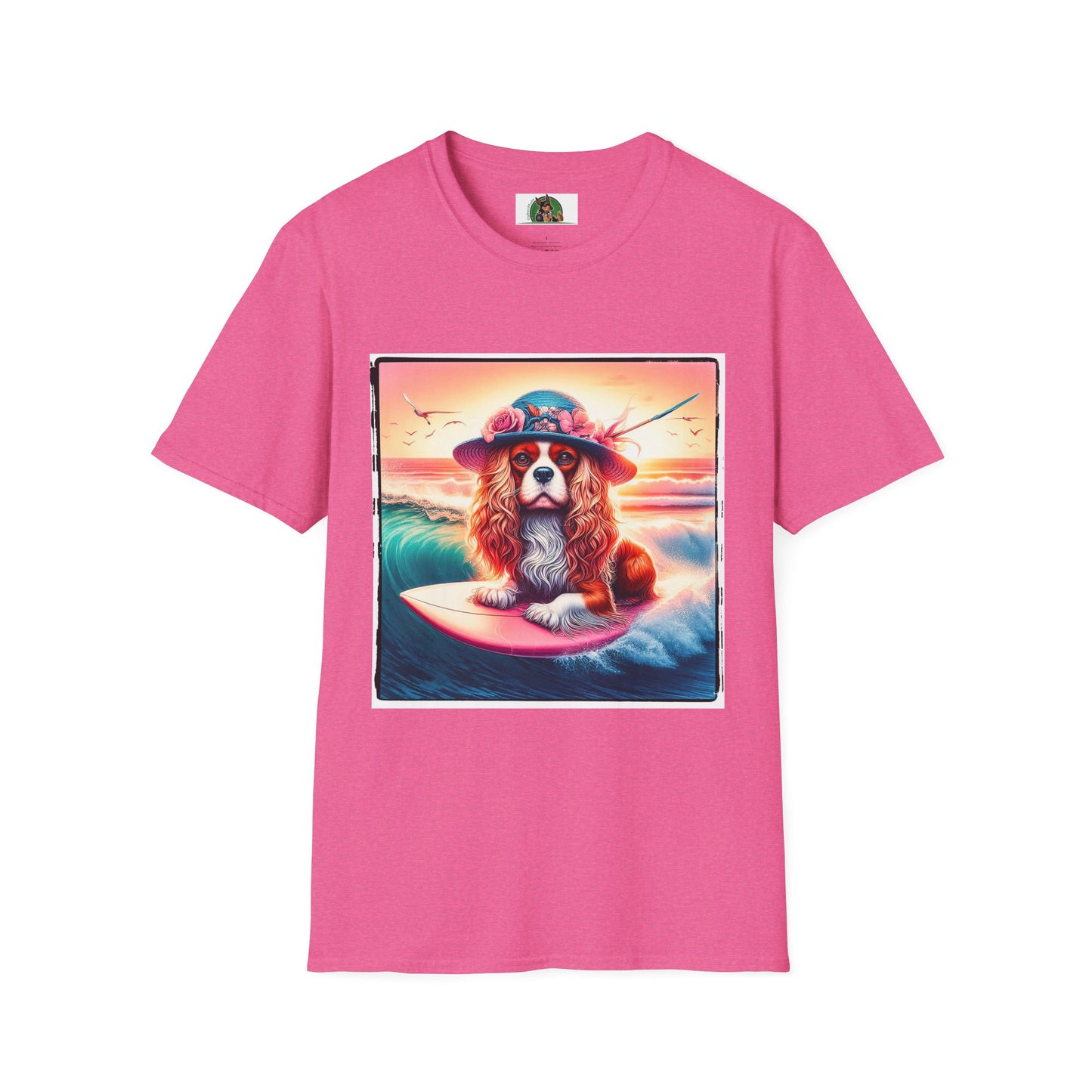 Cavalier King Charles Spaniel Female Surfing Dog With Summer Hat TShirt T-Shirt Printify S Heather Heliconia