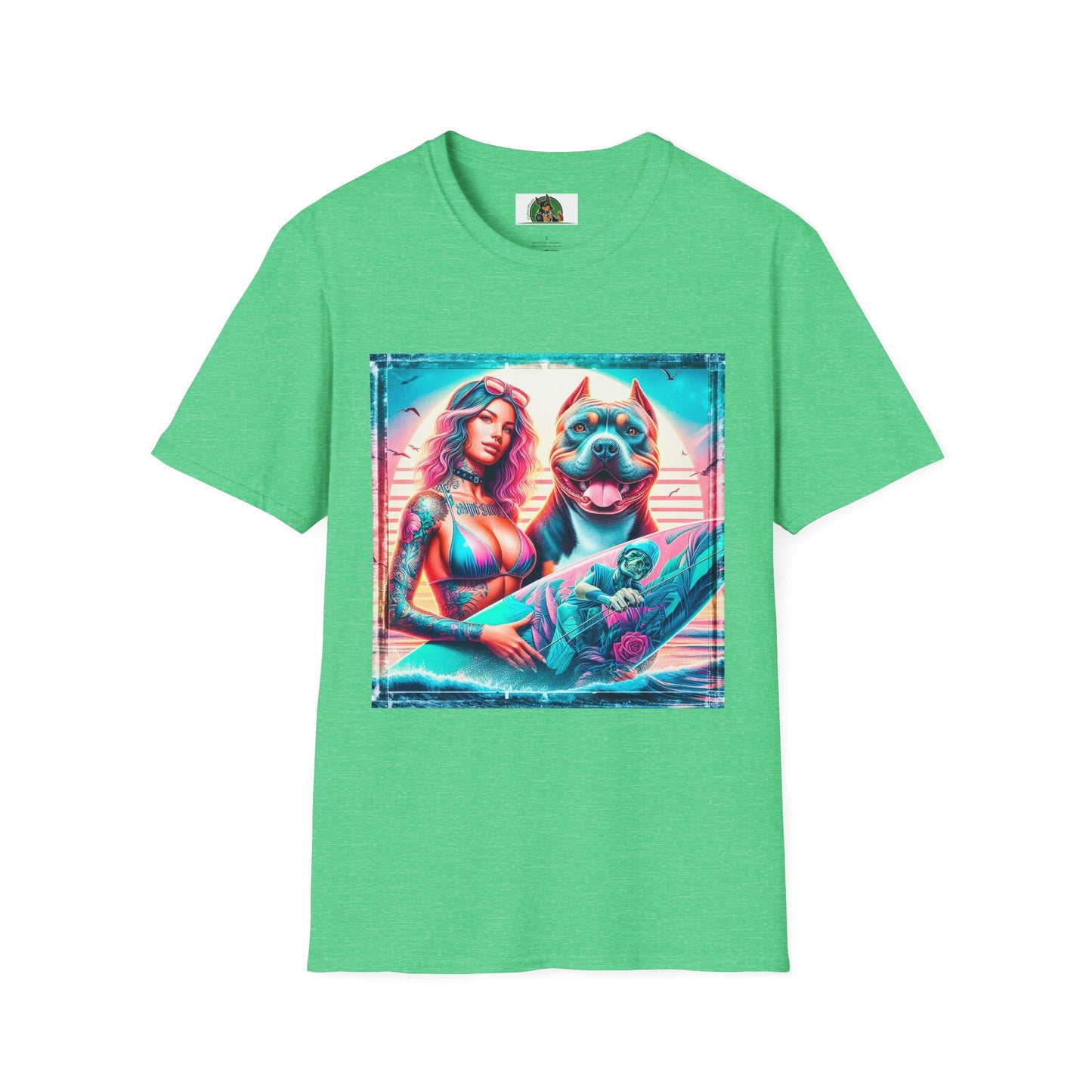 Pit Bull surfer and girl T-Shirt Printify S Heather Irish Green