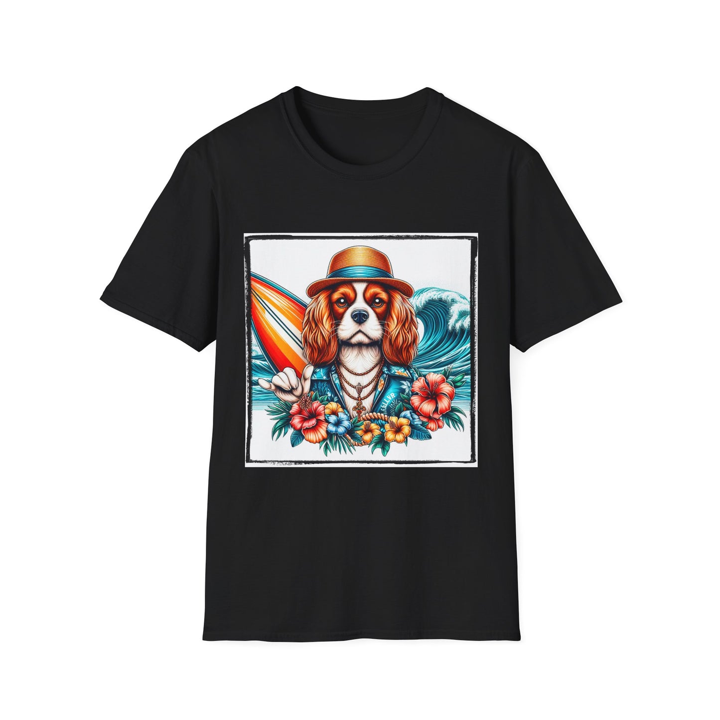 Cavalier King Charles Spaniel Hang Ten Surfer Dog TShirt T-Shirt Printify XS Black