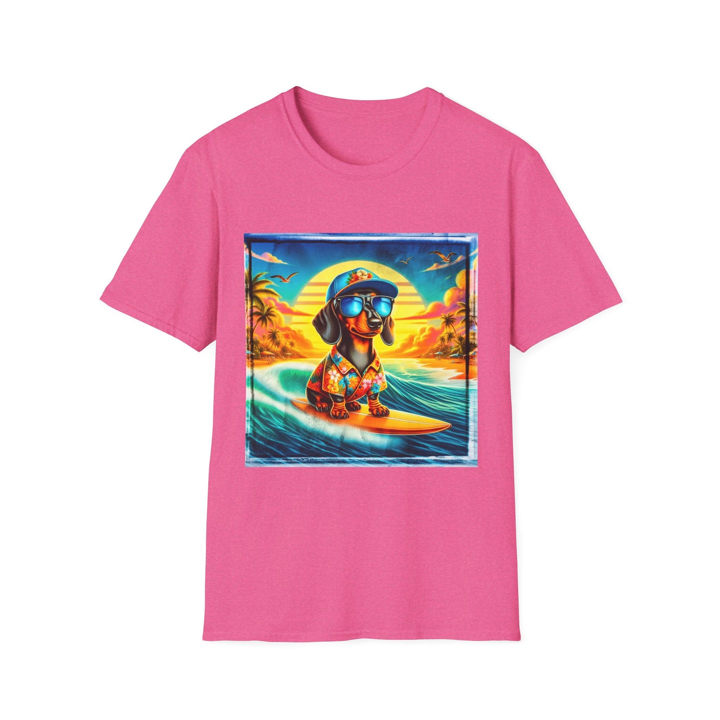 Dachshund surfing t shirt T-Shirt Printify S Heather Heliconia