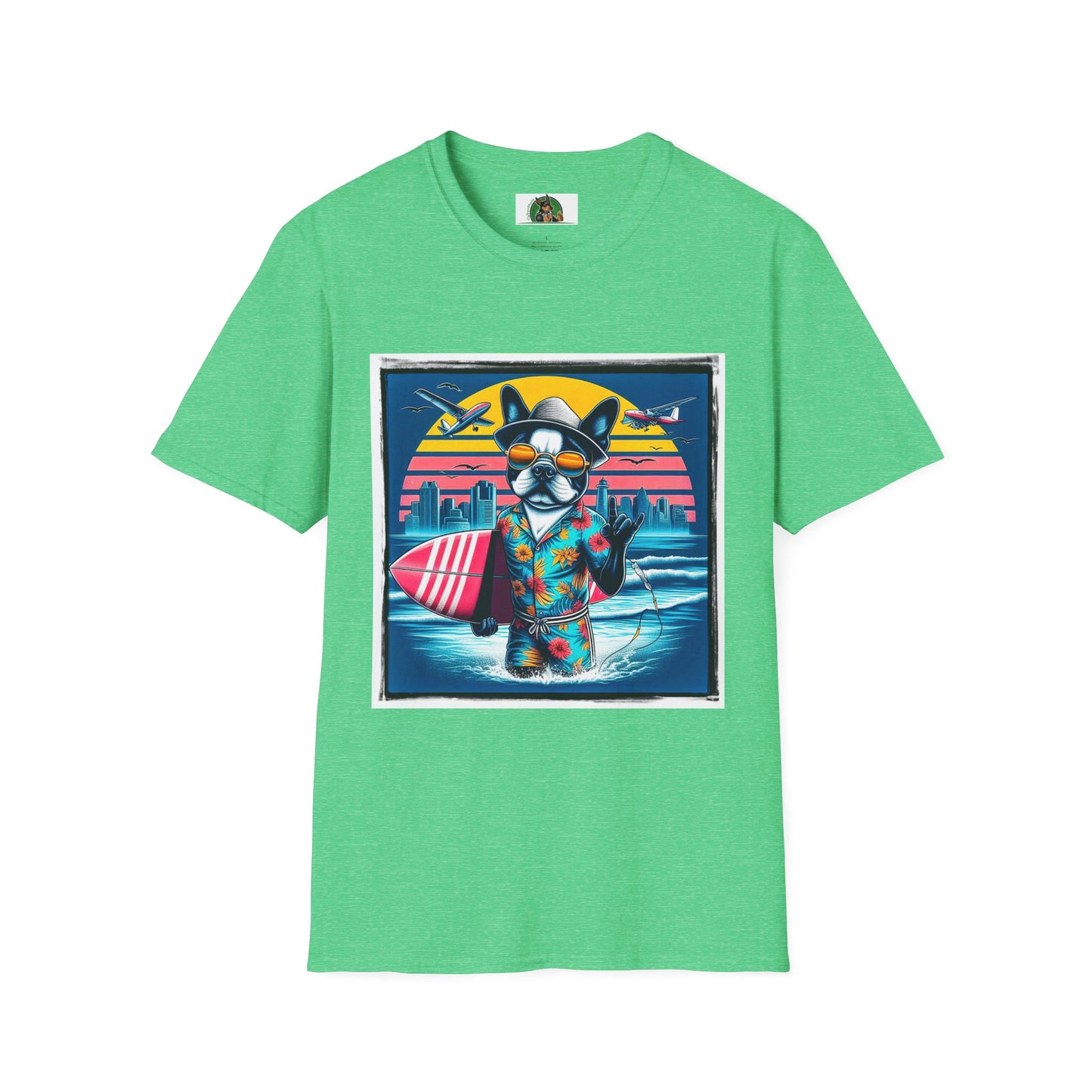 Boston Terrier Male Dog With Boogie Board T-Shirt Printify S Heather Irish Green