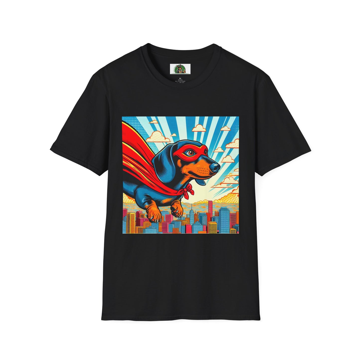 Dachshund flying superhero t shirt T-Shirt Printify Black S