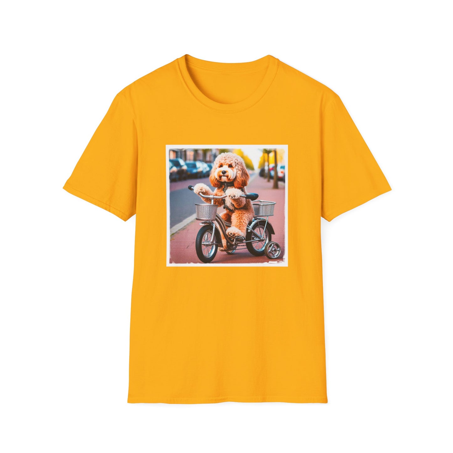 CockerPoo bike stroll t shirt T-Shirt Printify S Gold