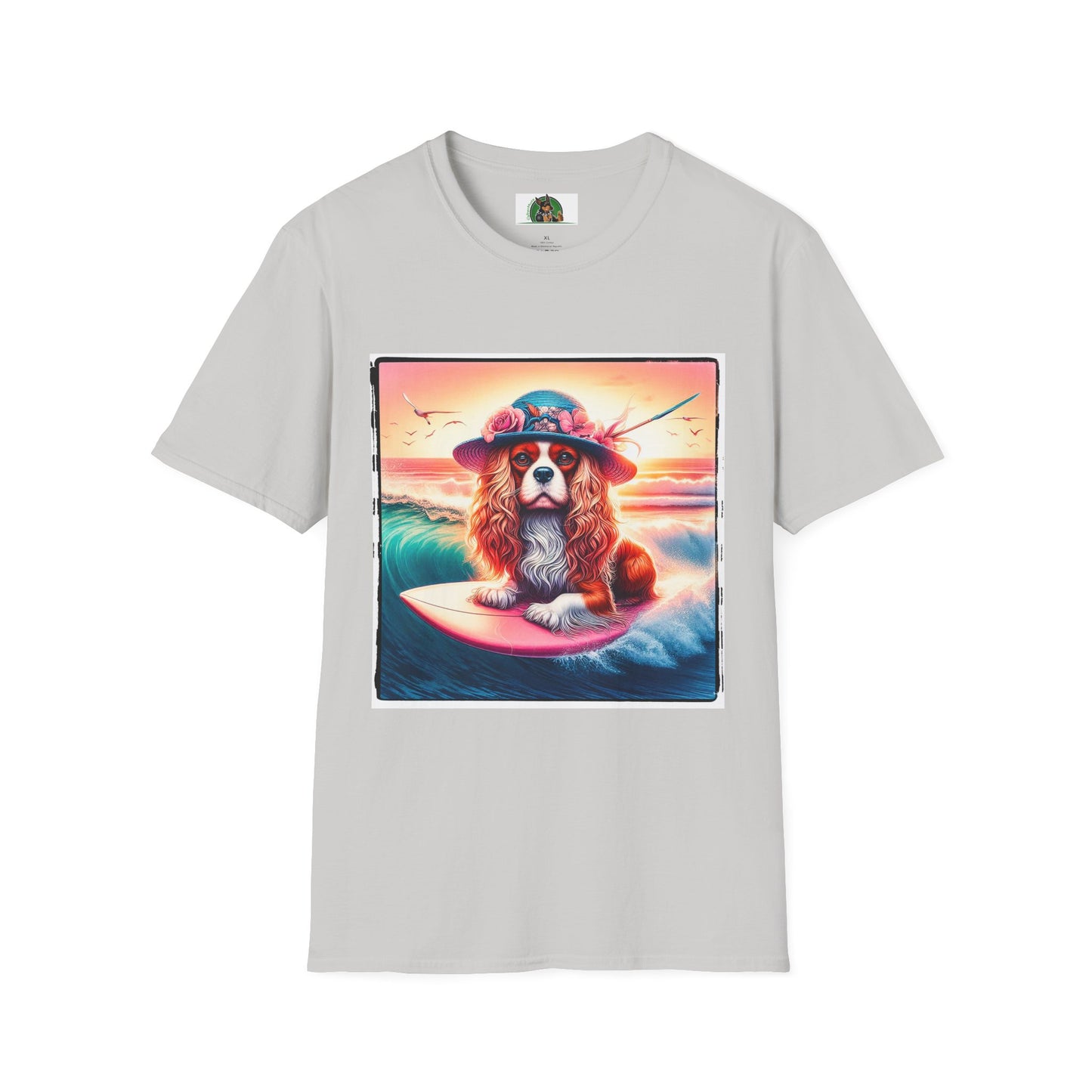 Cavalier King Charles Spaniel Female Surfing Dog With Summer Hat TShirt T-Shirt Printify S Ice Grey