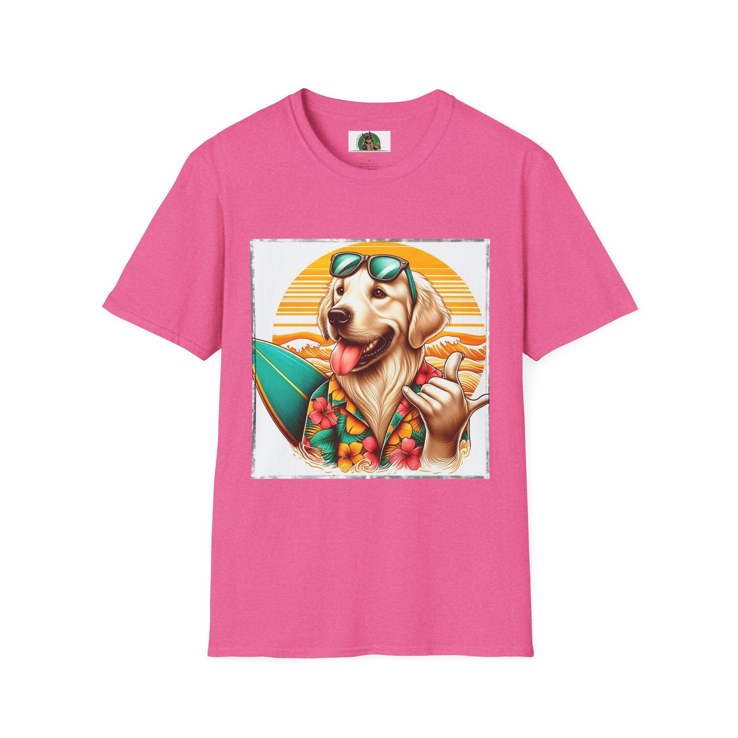 Golden Retriever surfer dog t shirt T-Shirt Printify S Heather Heliconia