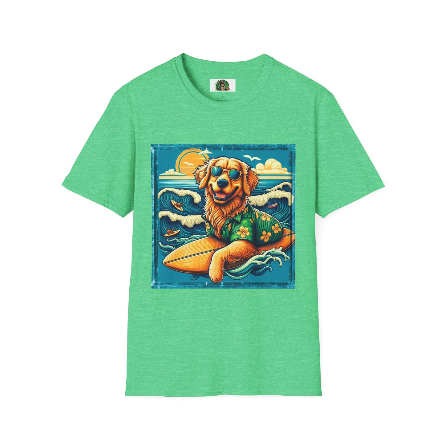 Golden Retriever surfing beauty shirt T-Shirt Printify S Heather Irish Green