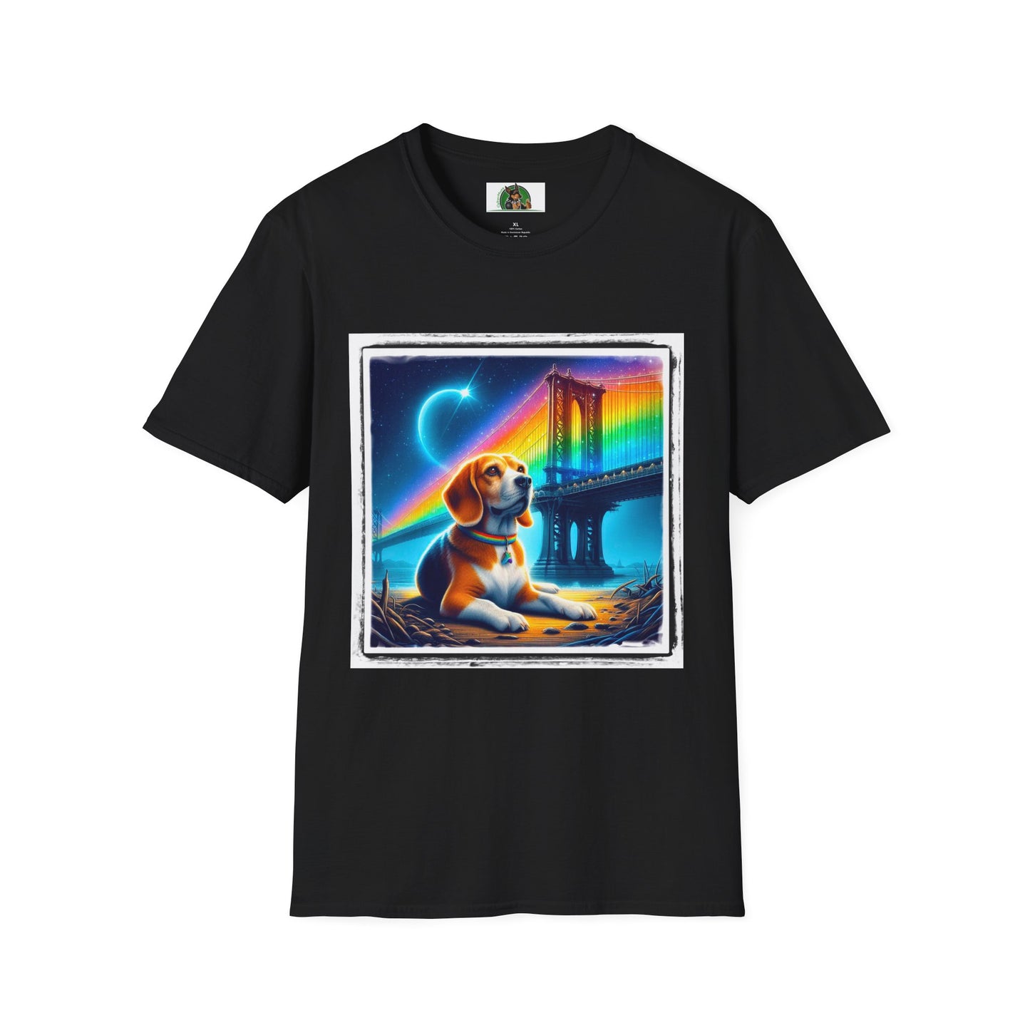 Beagle Sitting Under Rainbow Bridge T-Shirt Printify XS Black