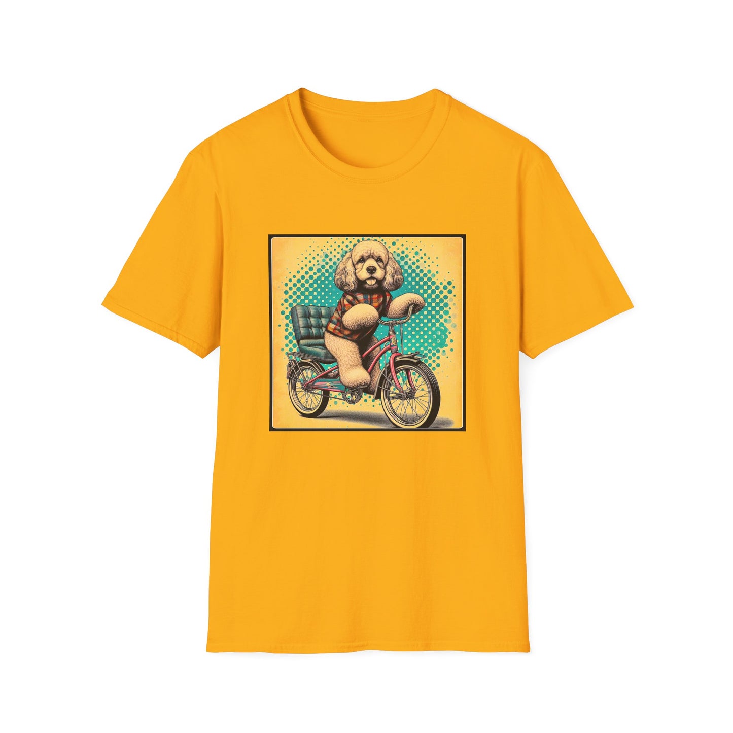 CockerPoo bike strolling t shirt T-Shirt Printify S Gold