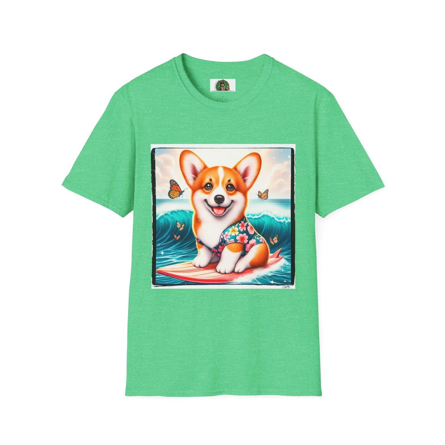 Pembroke Welsh Corgi tiny surfer T-Shirt Printify S Heather Irish Green