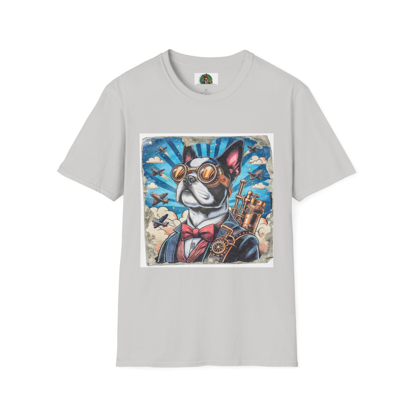 Boston Terrier Steampunk Watching Planes Fly By T-Shirt Printify S Ice Grey