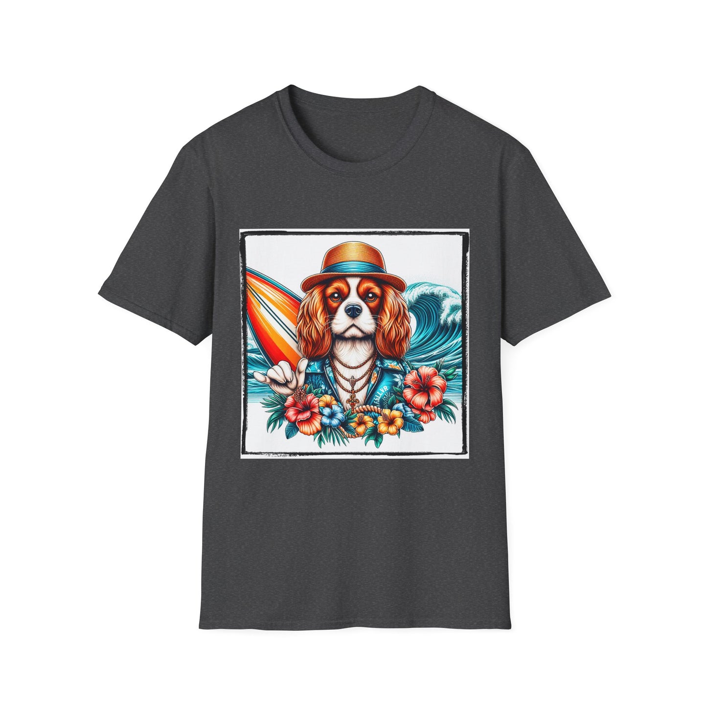 Cavalier King Charles Spaniel Hang Ten Surfer Dog TShirt T-Shirt Printify XS Dark Heather