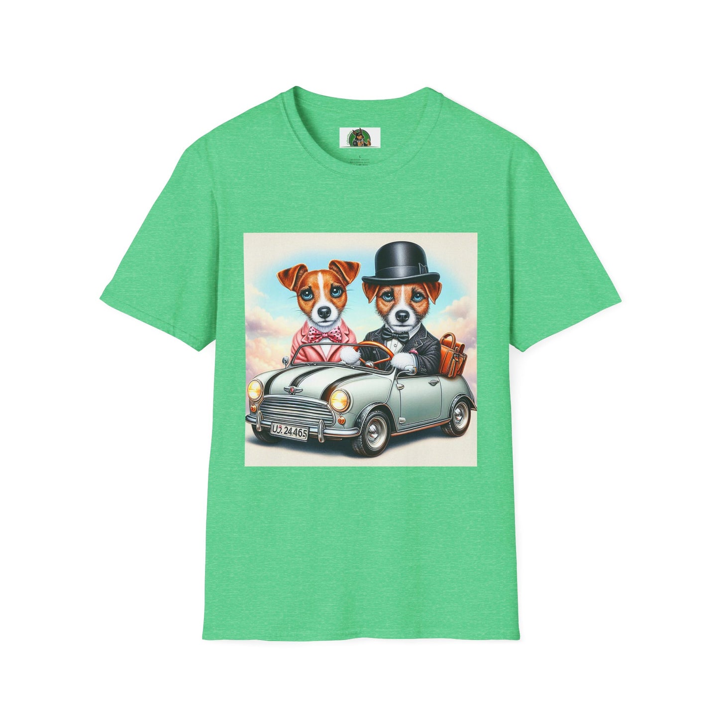 Wacky Jack Russell Top Hat Couple In Car T-Shirt Printify S Heather Irish Green