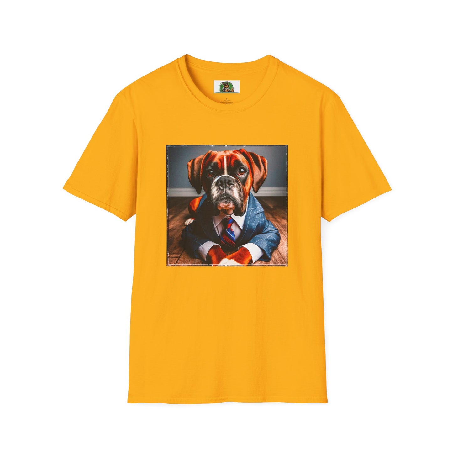 Boxer Dog Wearing Suit TShirt T-Shirt Printify S Gold