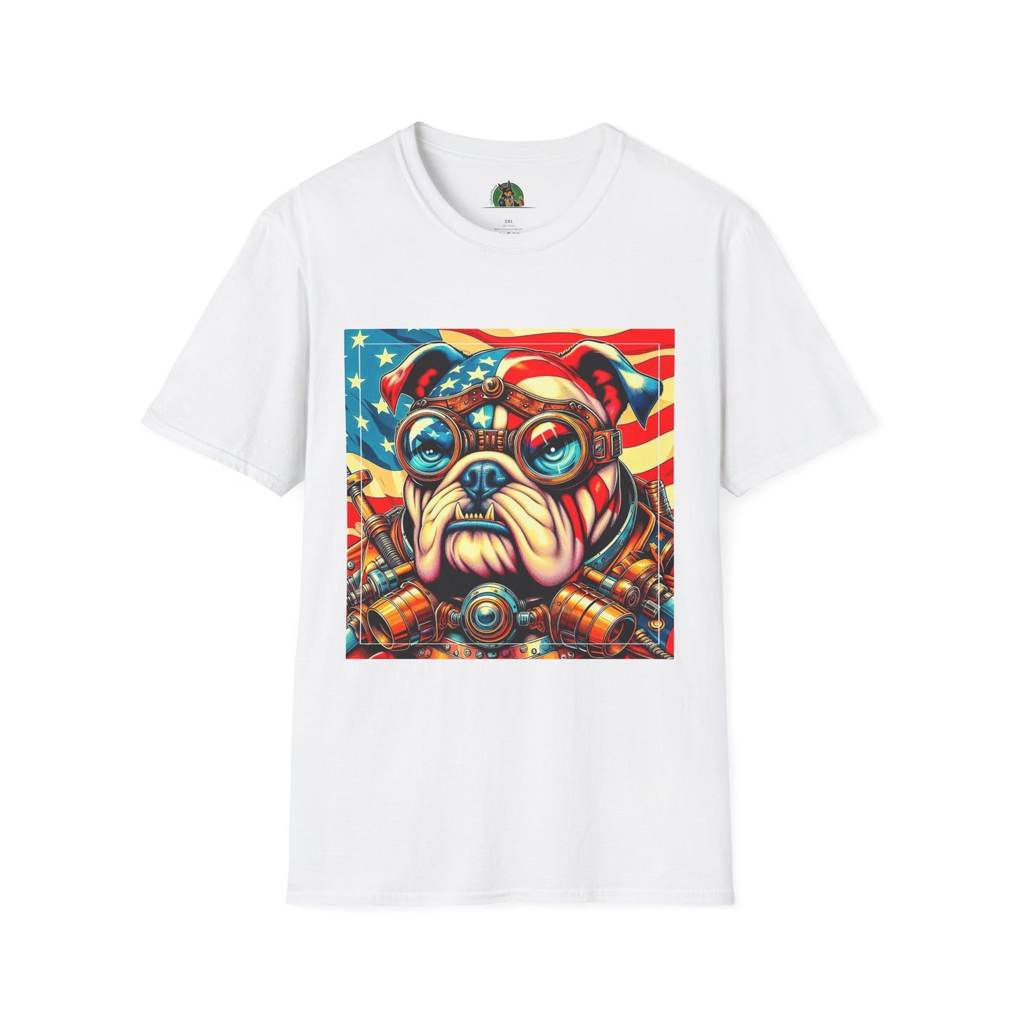 Bulldog Steampunk American Flag T-Shirt Printify XS White