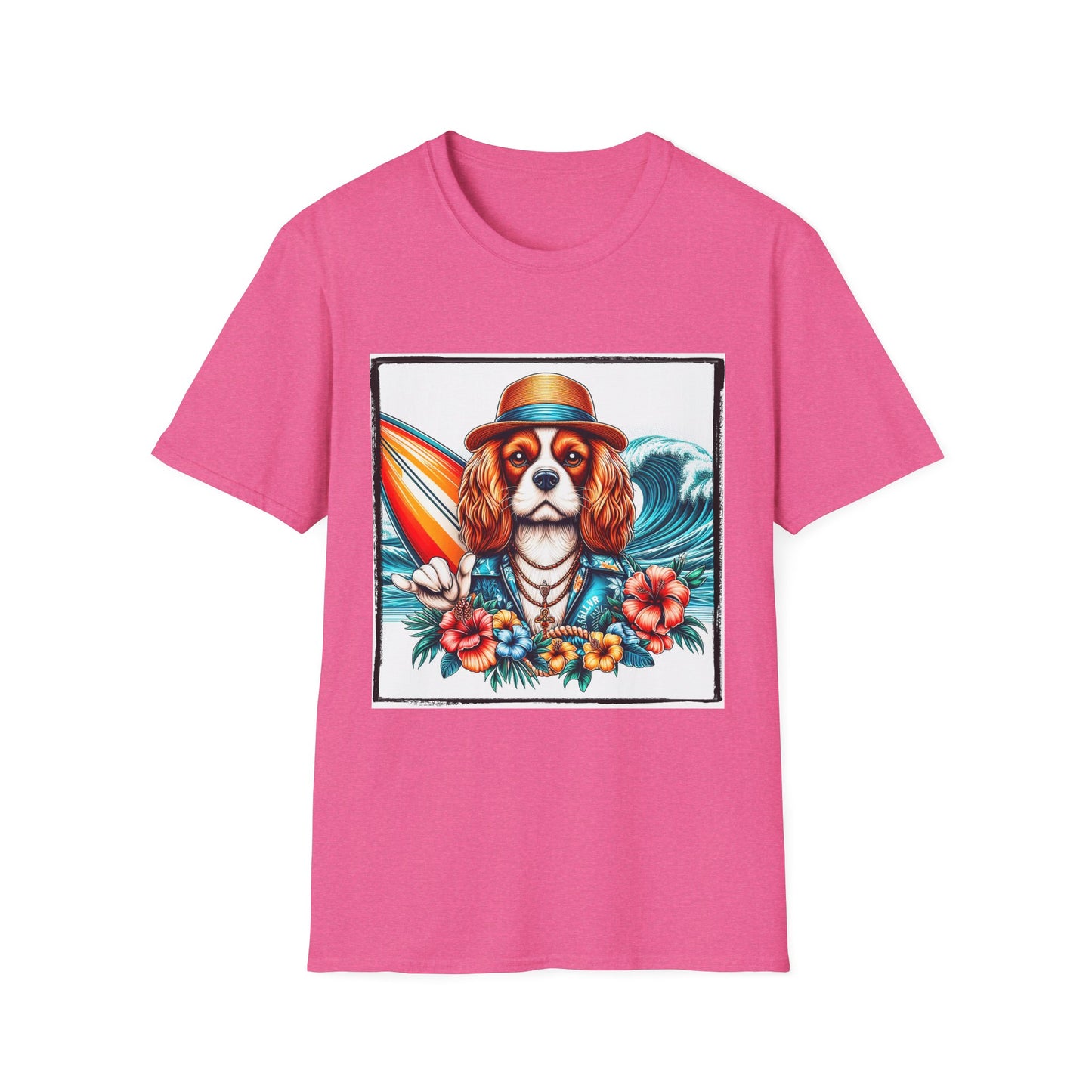 Cavalier King Charles Spaniel Hang Ten Surfer Dog TShirt T-Shirt Printify S Heather Heliconia
