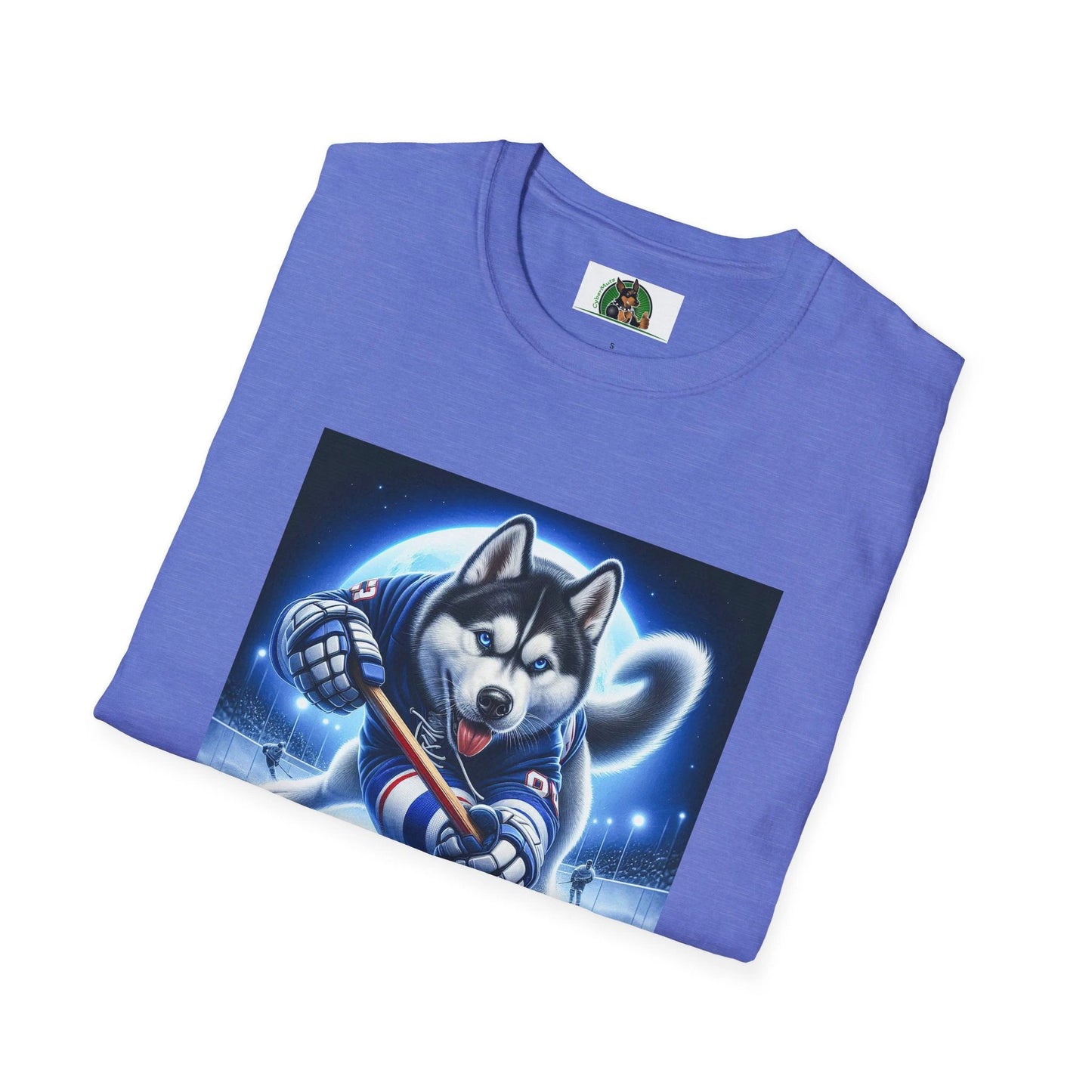 Husky Hockey Player Unisex Cotton Tee - Playful Dog Art | CyberMutz