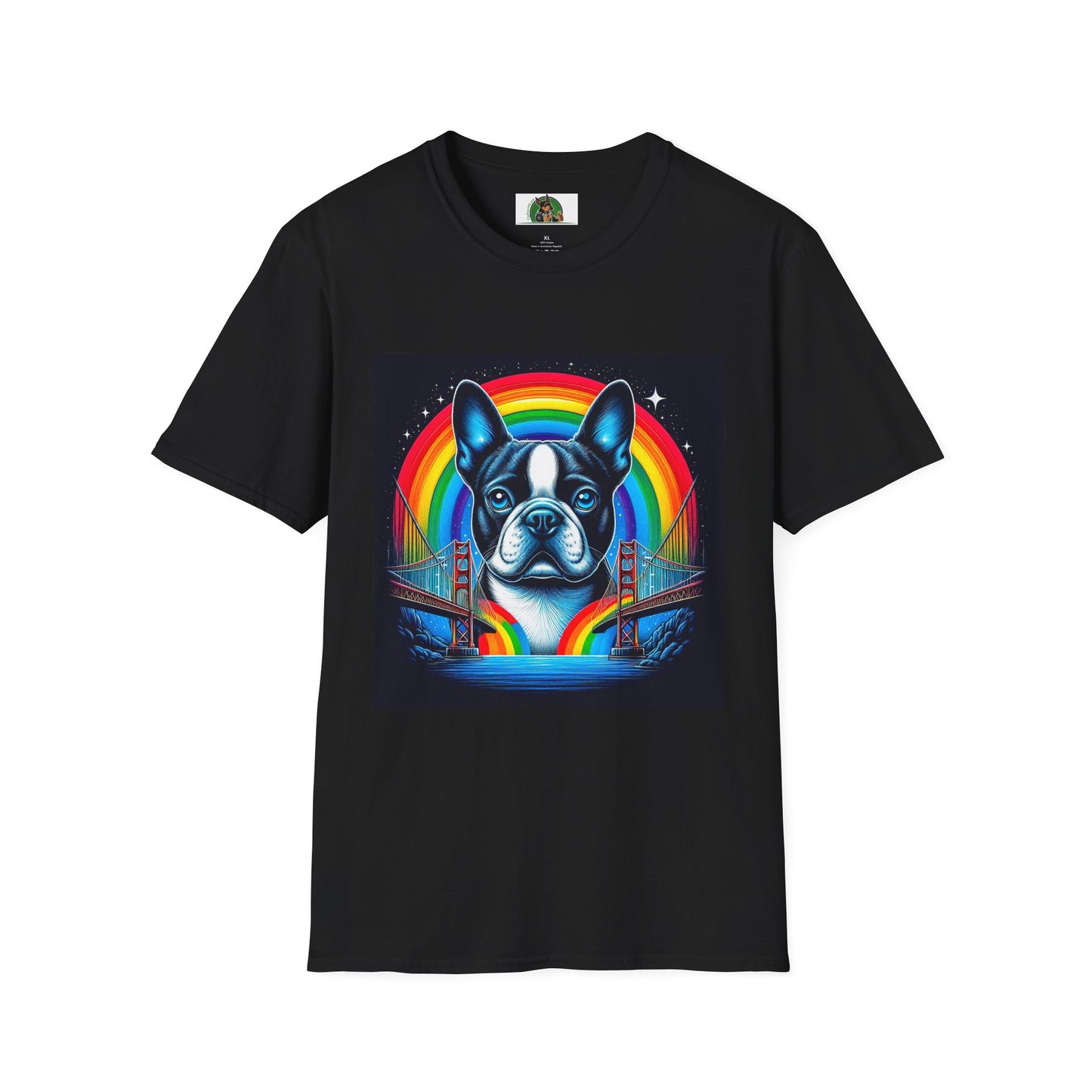 Boston Terrier Dog Overlooking Rainbow Bridge T-Shirt Printify XS Black