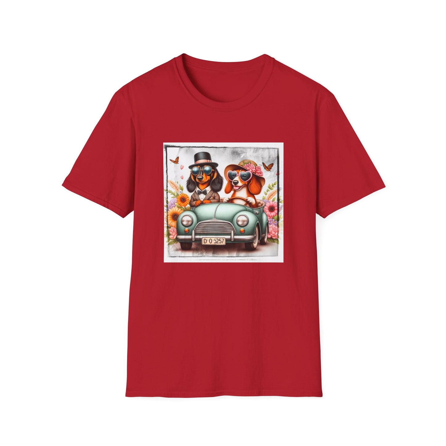 Wacky Dachshund car driving t shirt T-Shirt Printify S Cherry Red