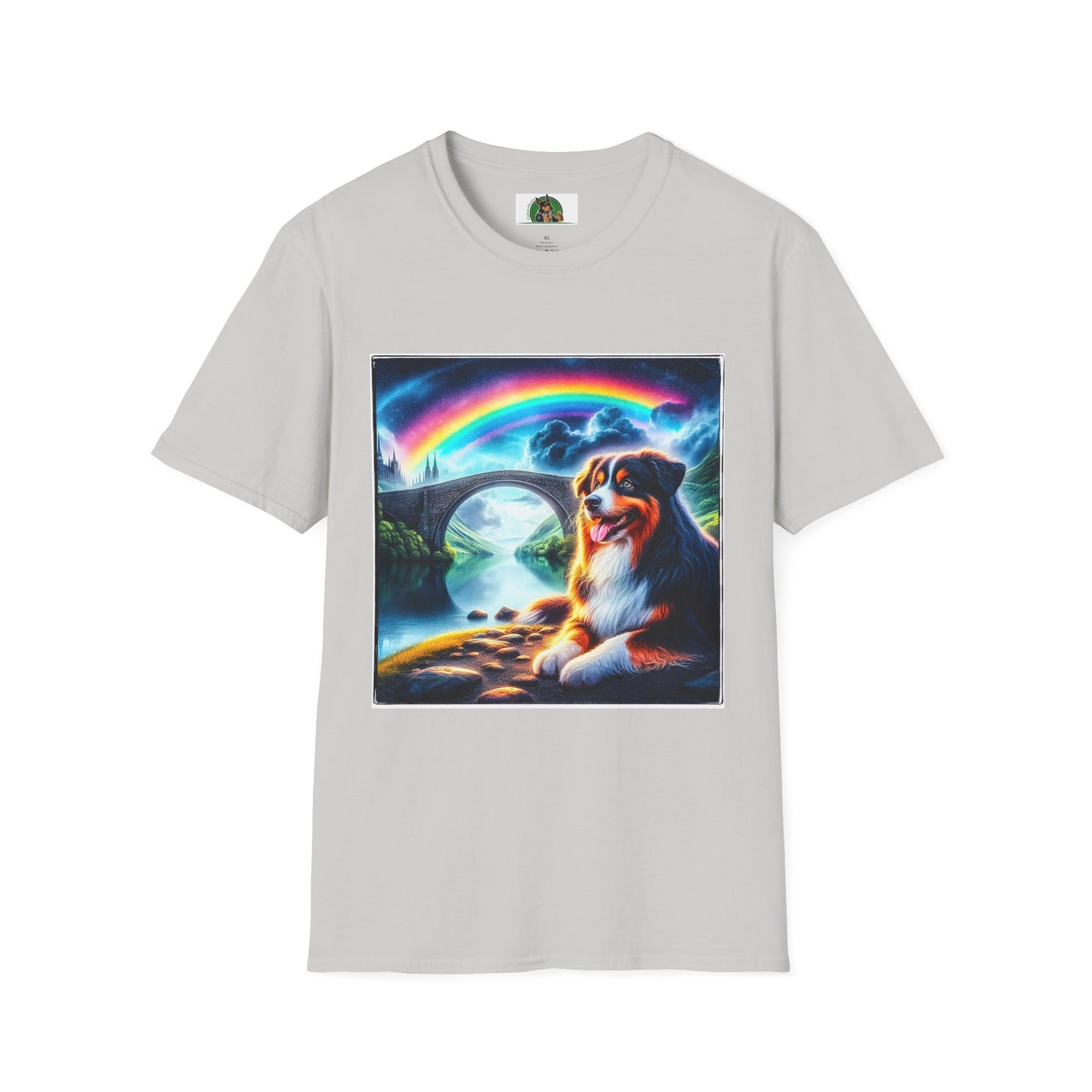 Australian Shepherd Rainbow Bridge And Lake T-Shirt Printify S Ice Grey
