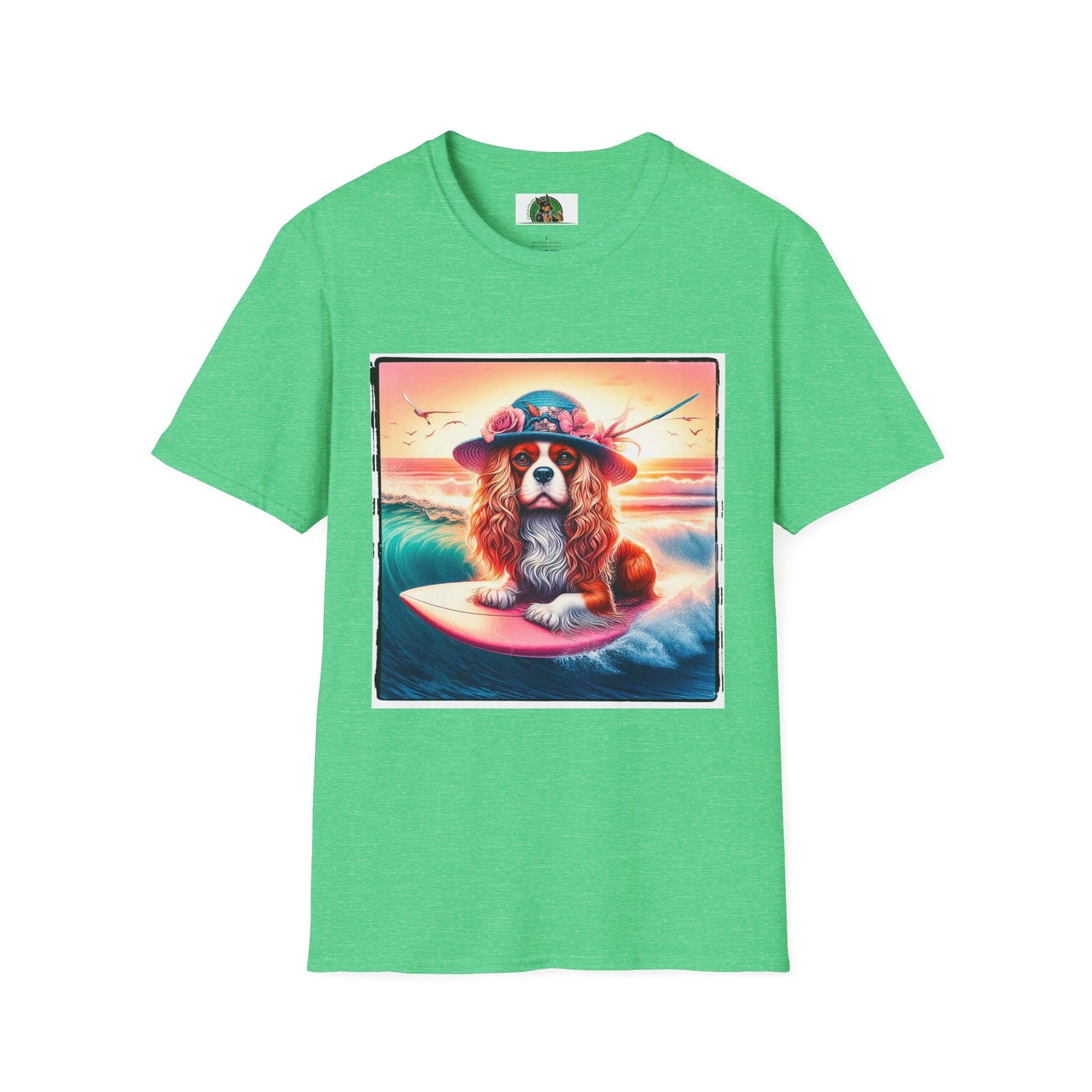 Cavalier King Charles Spaniel Female Surfing Dog With Summer Hat TShirt T-Shirt Printify S Heather Irish Green